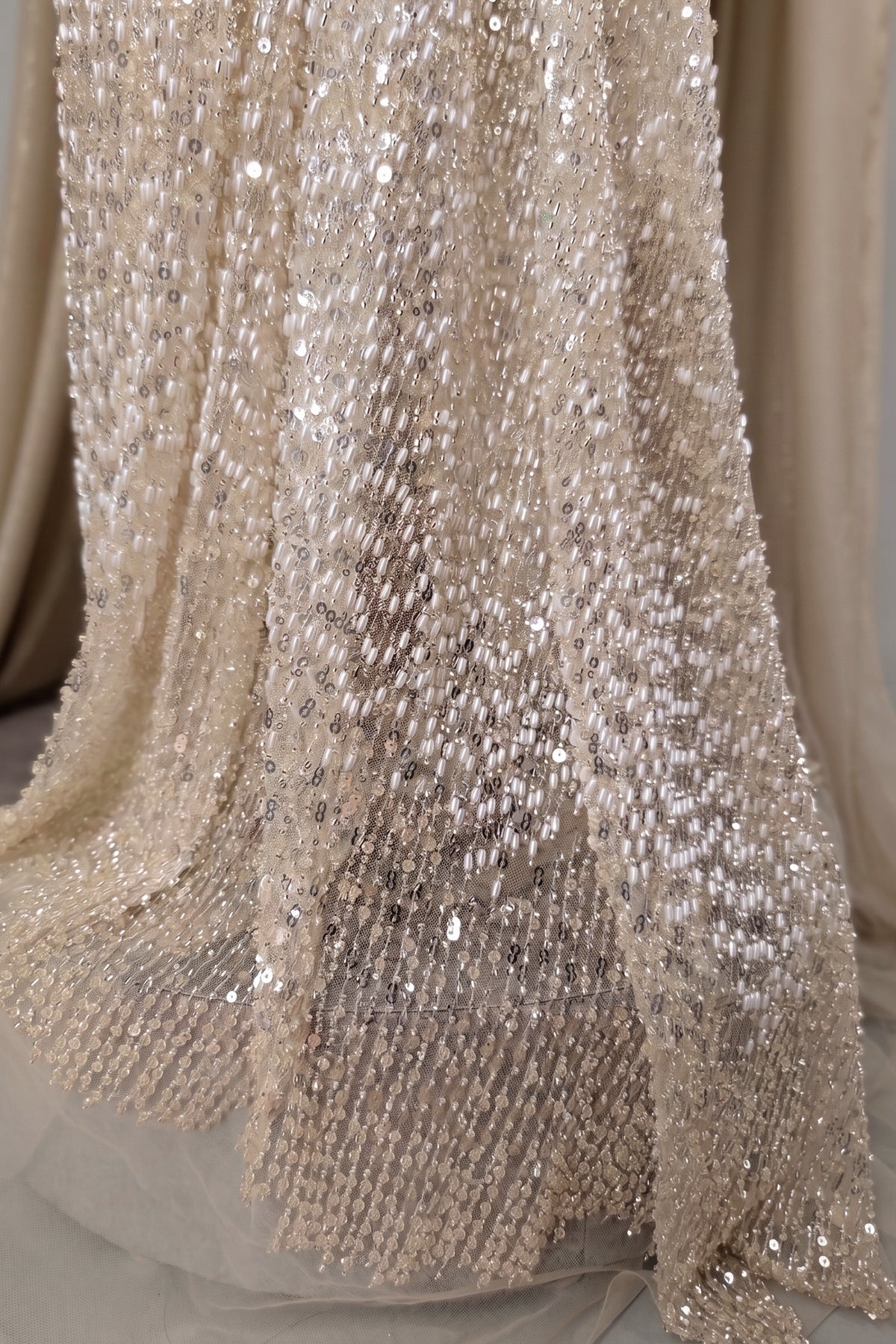 Champagne Beige Premium Net Hand-Embroidered Couture Gown with Watteau Trail Cape