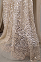 Champagne Beige Premium Net Hand-Embroidered Couture Gown with Watteau Trail Cape