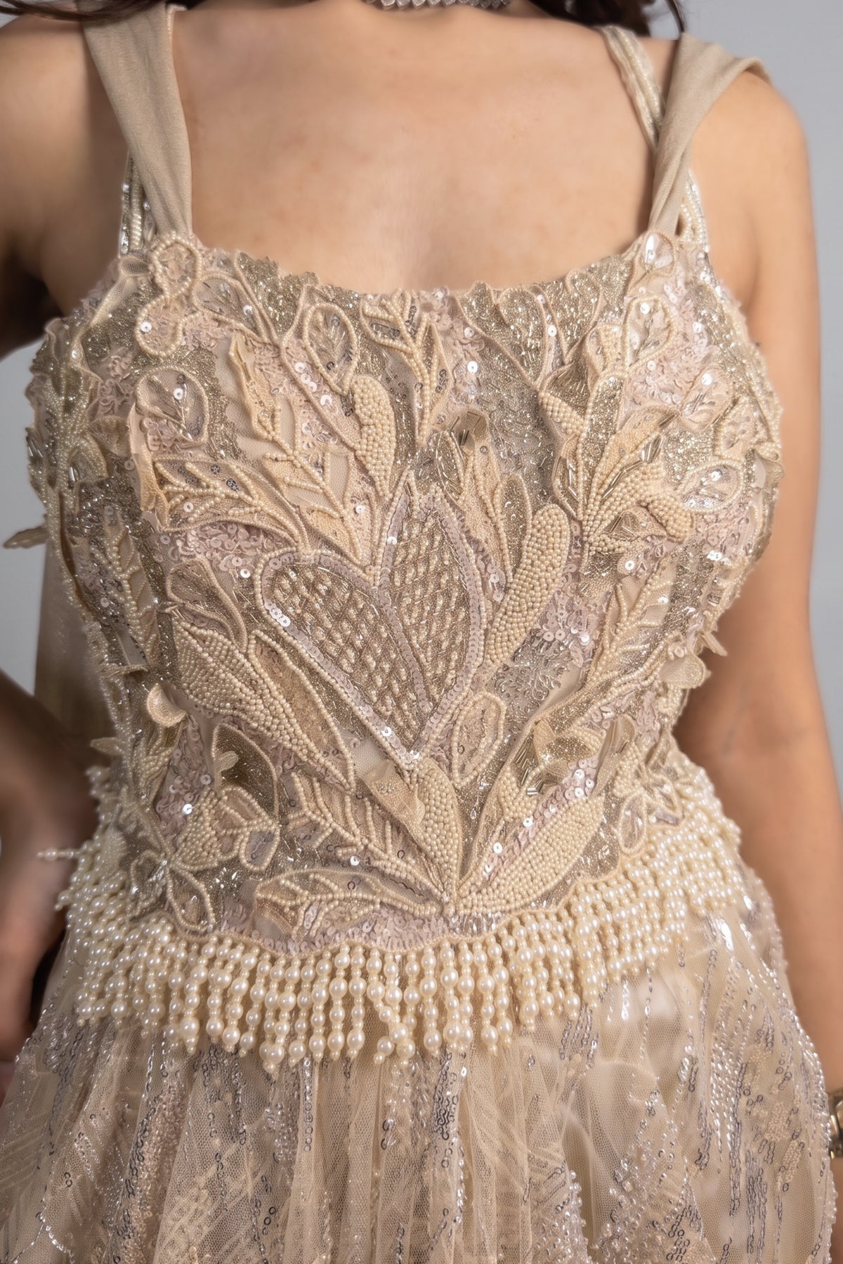 Champagne Beige Premium Net Hand-Embroidered Couture Gown with Watteau Trail Cape