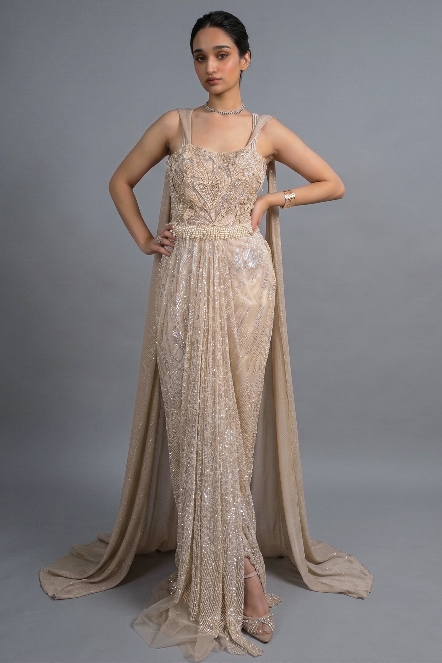 Champagne Beige Premium Net Hand-Embroidered Couture Gown with Watteau Trail Cape Main image