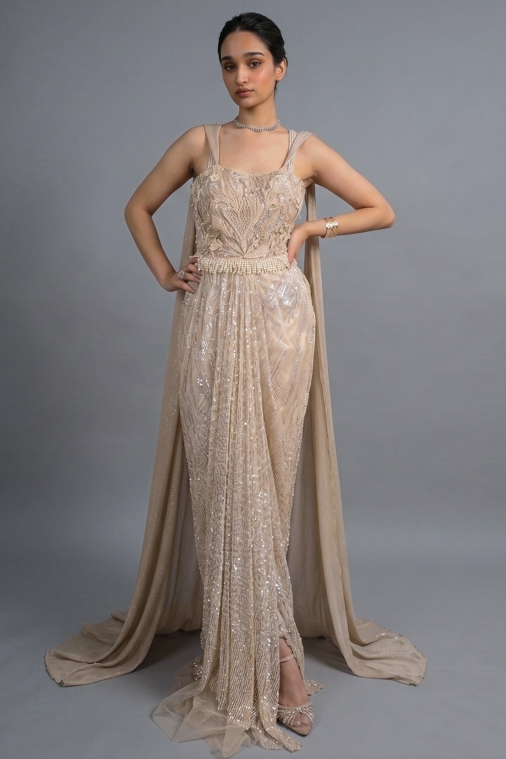 Champagne Beige Premium Net Hand-Embroidered Couture Gown with Watteau Trail Cape