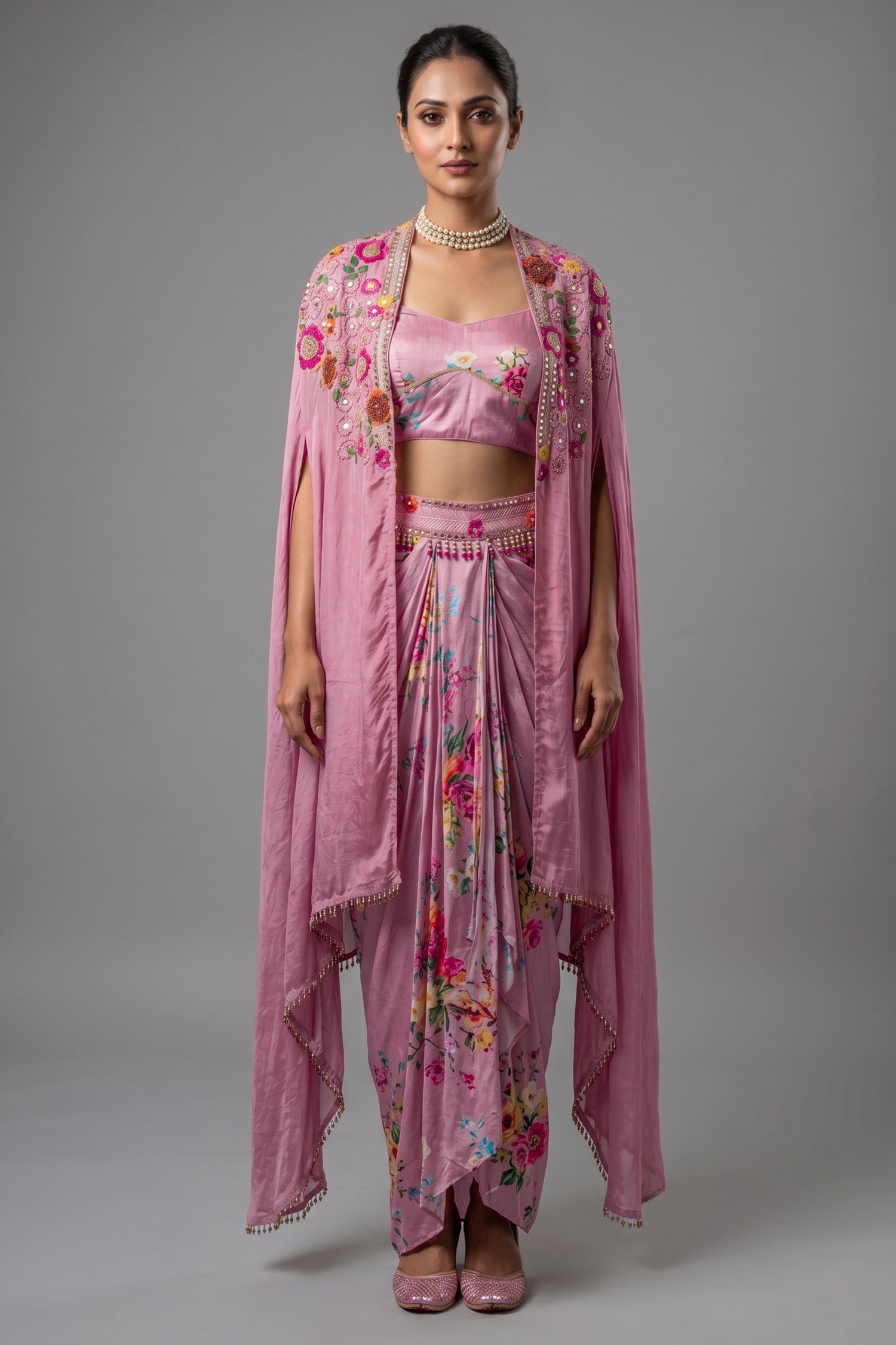 Rosewater Pink Crepe Satin Draped Co-ord Set with Hand-Embroidered Cape Jacket Main image