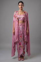 Rosewater Pink Crepe Satin Draped Co-ord Set with Hand-Embroidered Cape Jacket