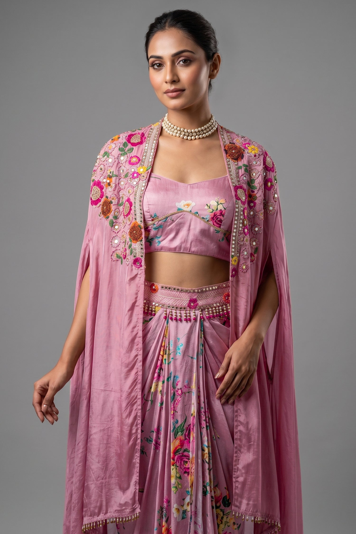 Rosewater Pink Crepe Satin Draped Co-ord Set with Hand-Embroidered Cape Jacket Secondary image