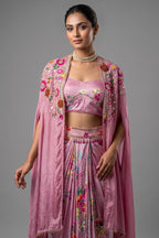 Rosewater Pink Crepe Satin Draped Co-ord Set with Hand-Embroidered Cape Jacket