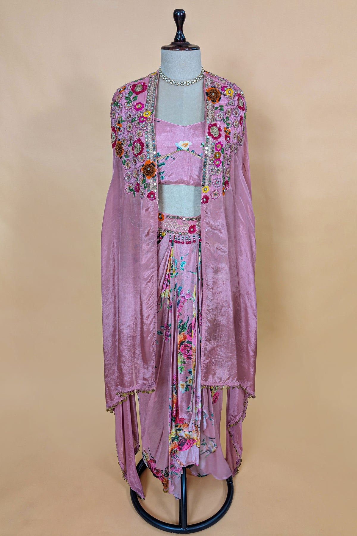 Rosewater Pink Crepe Satin Draped Co-ord Set with Hand-Embroidered Cape Jacket