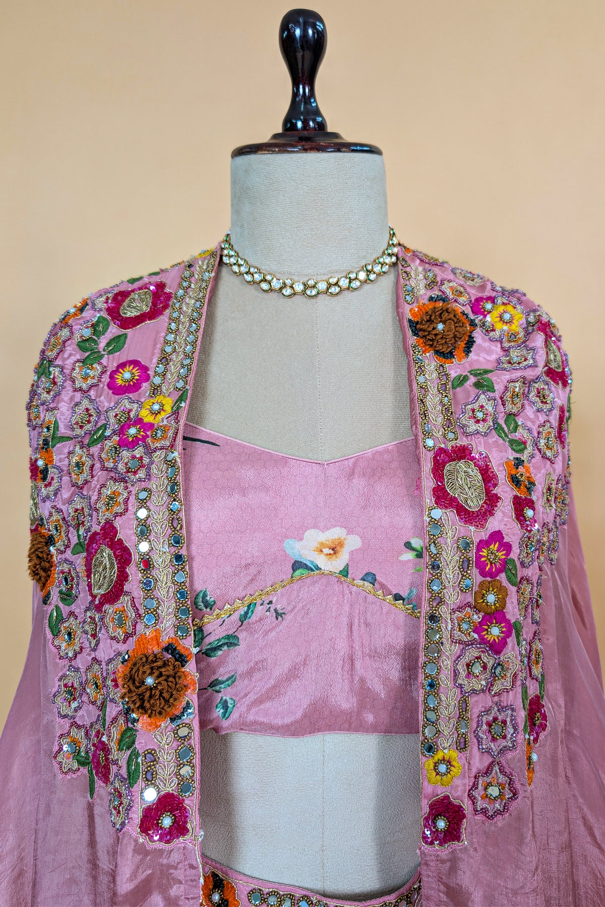 Rosewater Pink Crepe Satin Draped Co-ord Set with Hand-Embroidered Cape Jacket