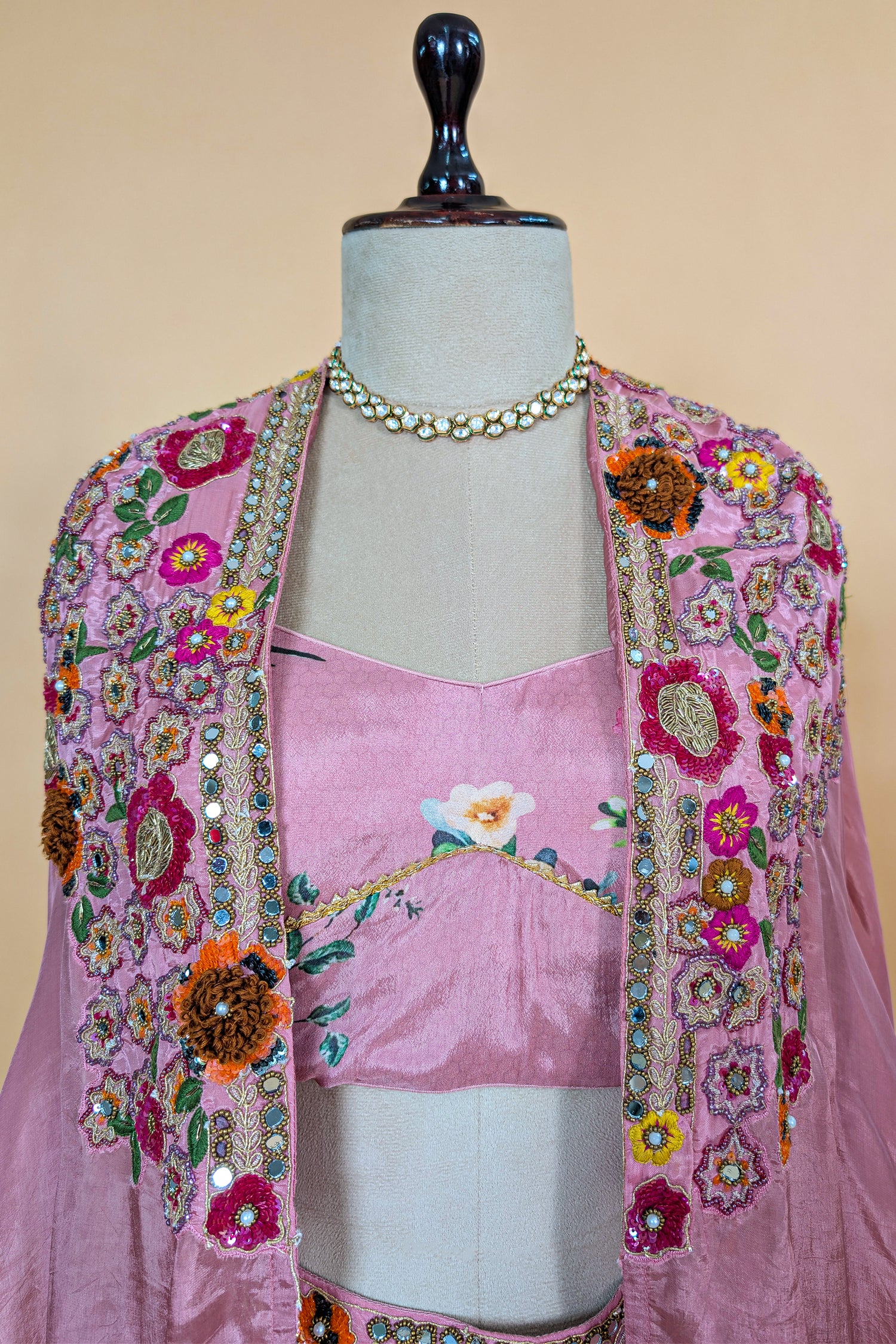 Rosewater Pink Crepe Satin Draped Co-ord Set with Hand-Embroidered Cape Jacket