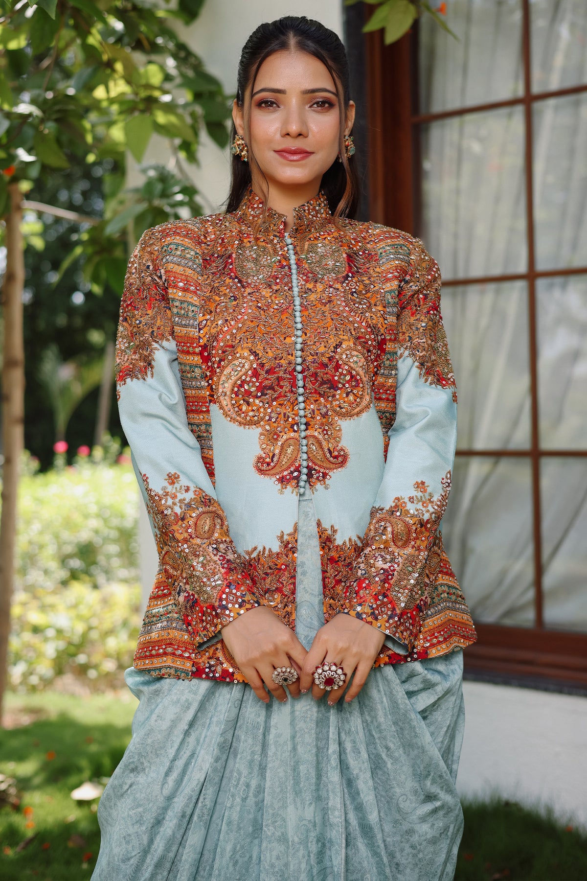 Light Blue Imported Pritned Top and Draped Dhoti Skirt Set
