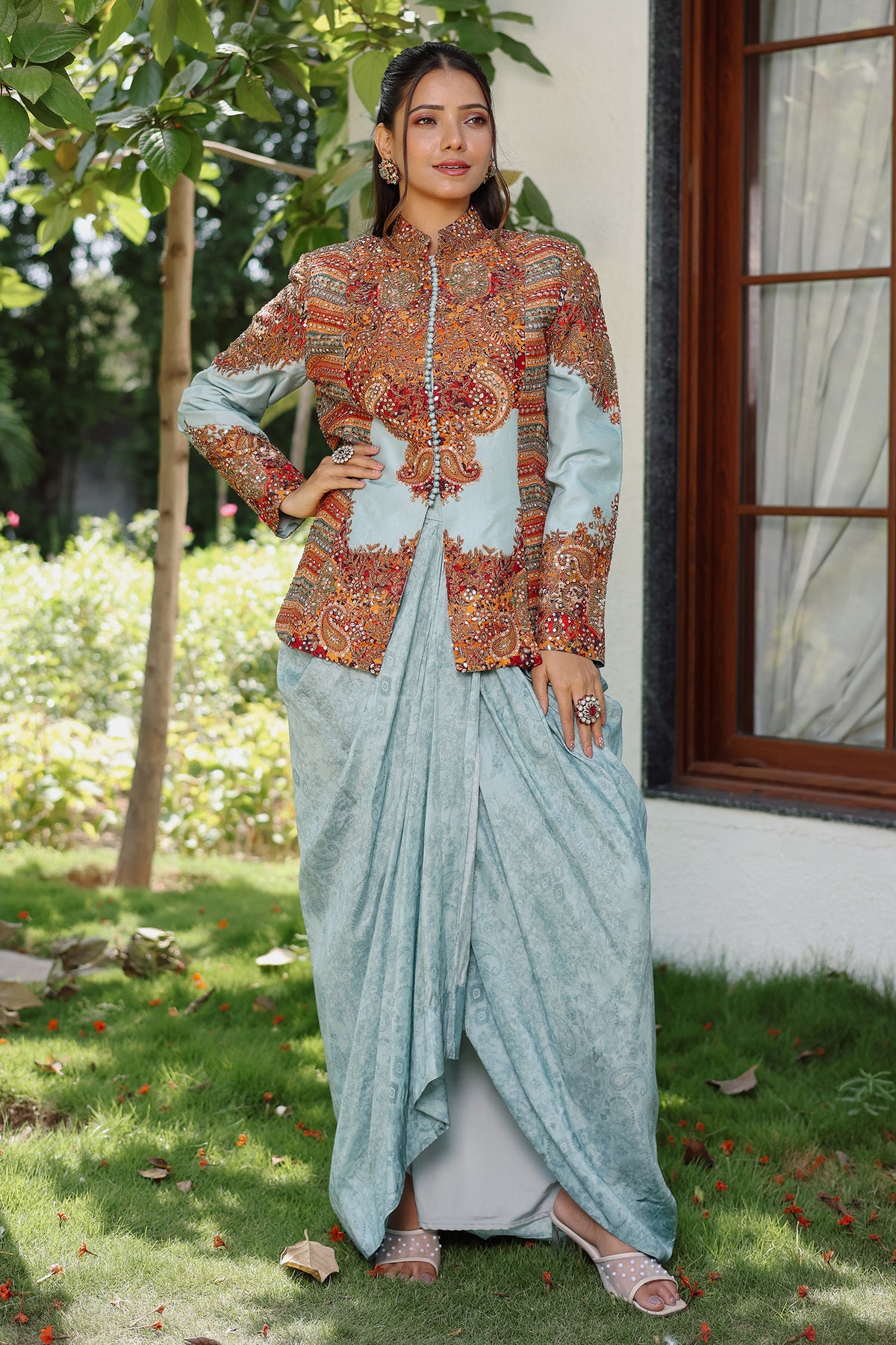 Light Blue Imported Pritned Top and Draped Dhoti Skirt Set