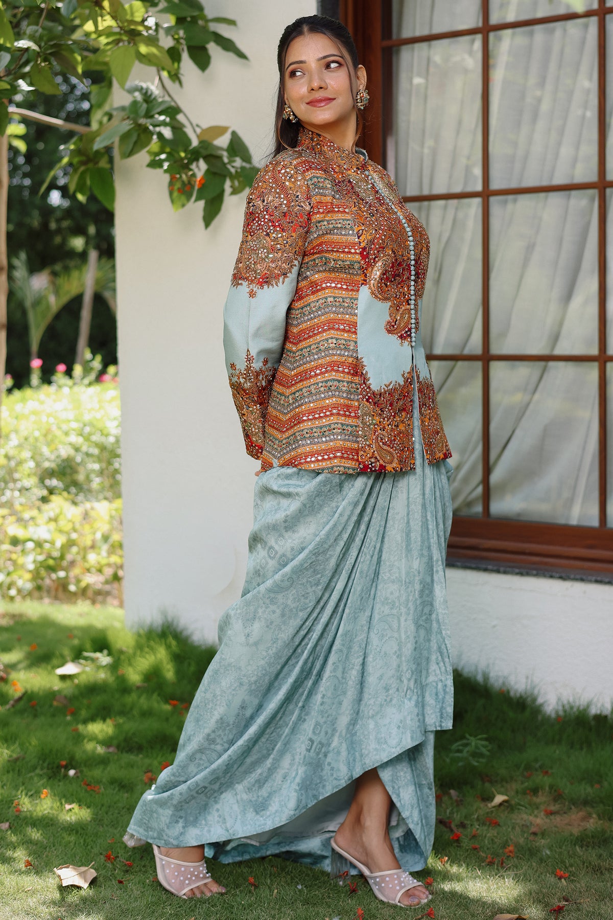 Light Blue Imported Pritned Top and Draped Dhoti Skirt Set