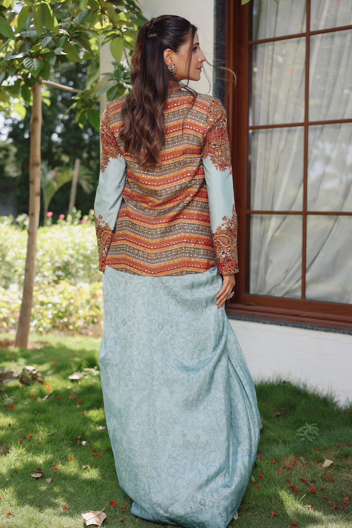 Light Blue Imported Pritned Top and Draped Dhoti Skirt Set