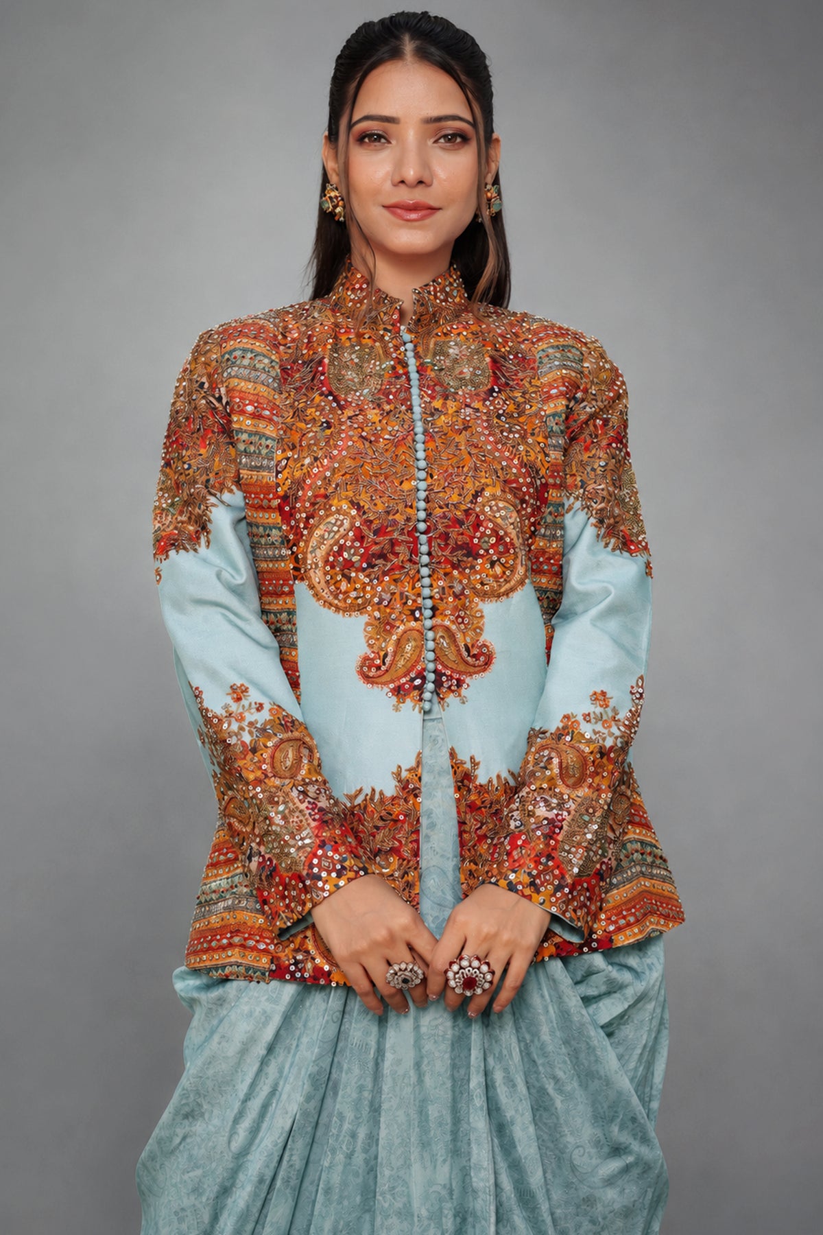 Light Blue Imported Pritned Top and Draped Dhoti Skirt Set