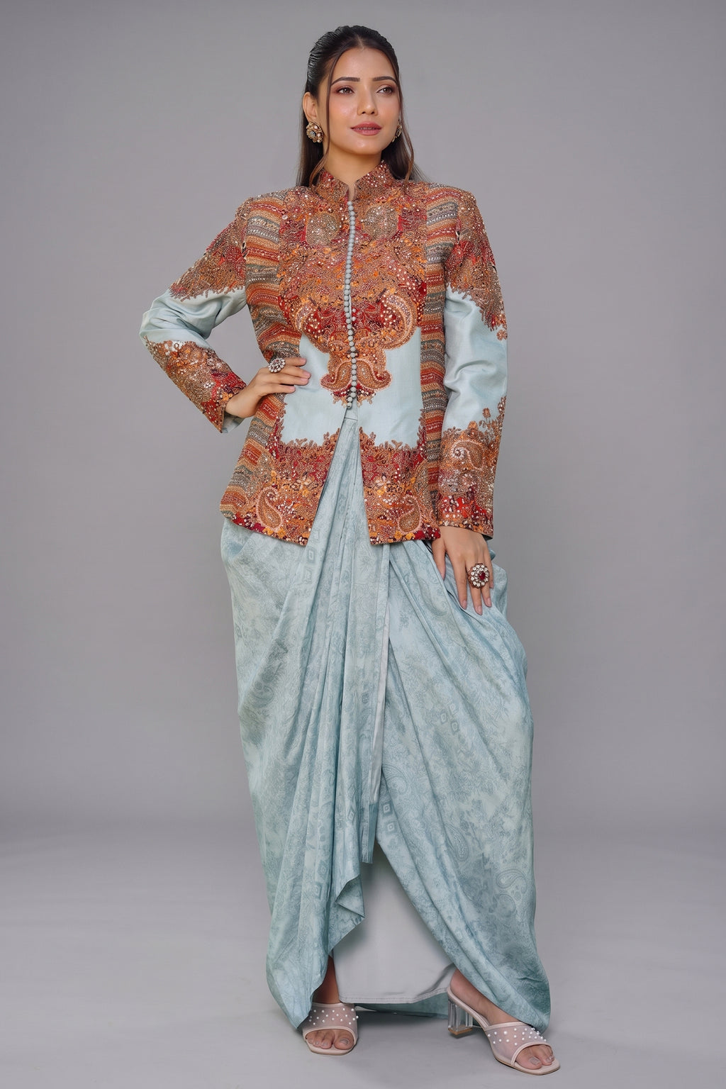 Light Blue Imported Pritned Top and Draped Dhoti Skirt Set