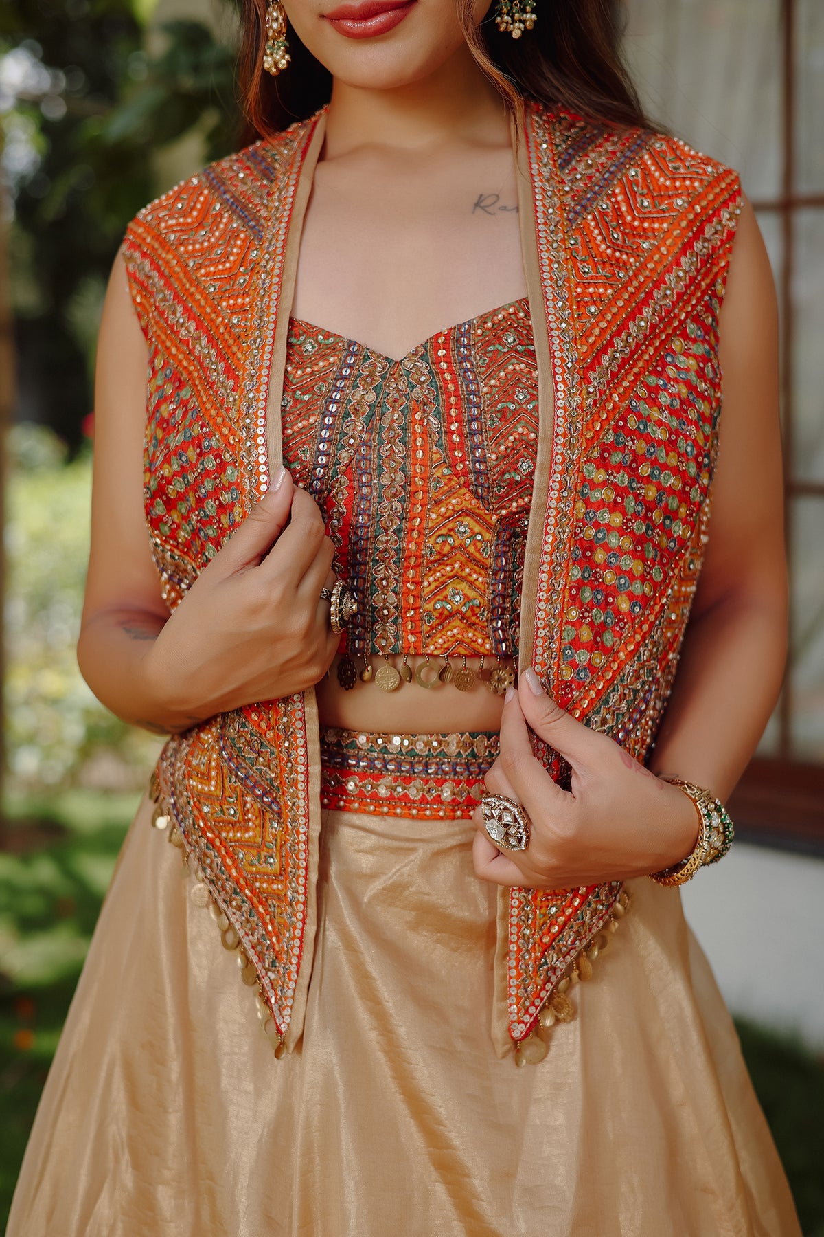 Orange Silk Printed Sequin Worked Lehenga Jacket Set