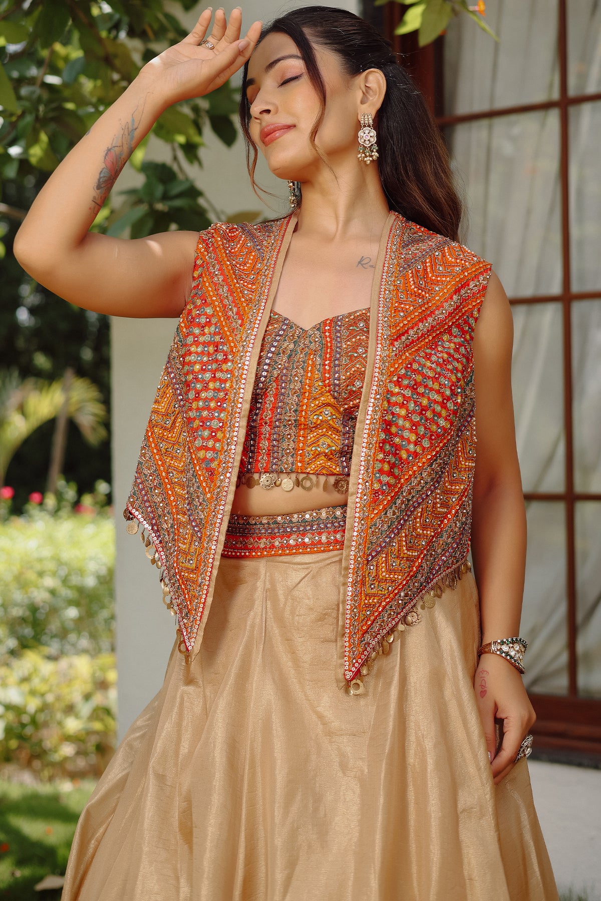 Orange Silk Printed Sequin Worked Lehenga Jacket Set