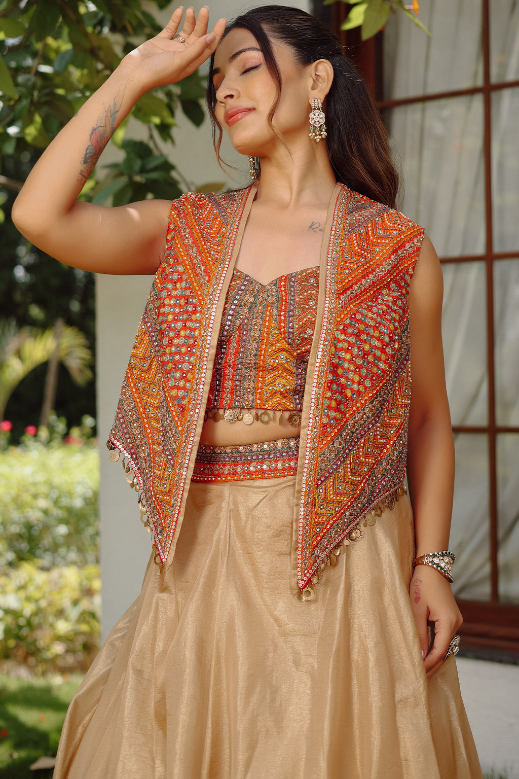 Orange Silk Printed Sequin Worked Lehenga Jacket Set