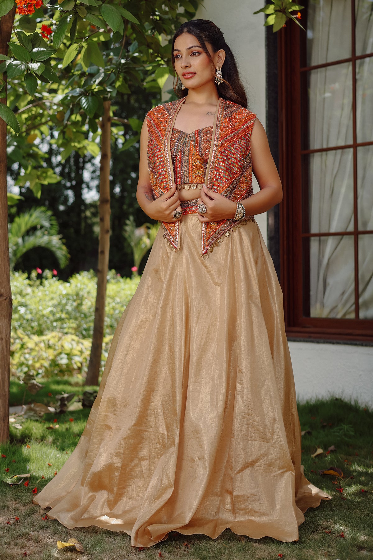 Orange Silk Printed Sequin Worked Lehenga Jacket Set