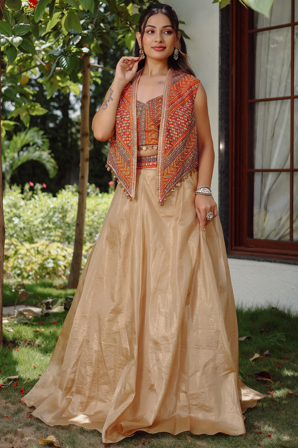 Orange Silk Printed Sequin Worked Lehenga Jacket Set