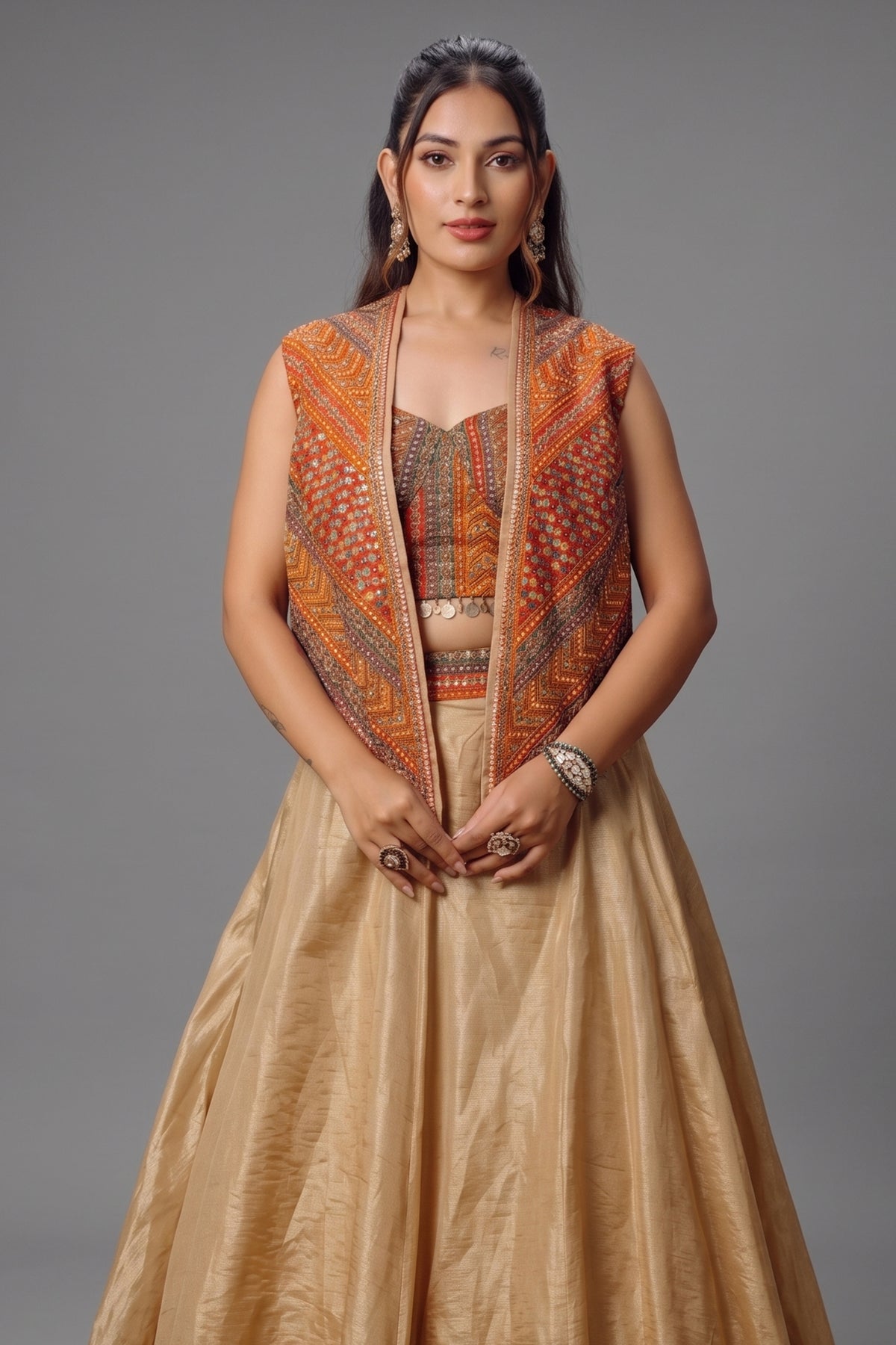 Orange Silk Printed Sequin Worked Lehenga Jacket Set