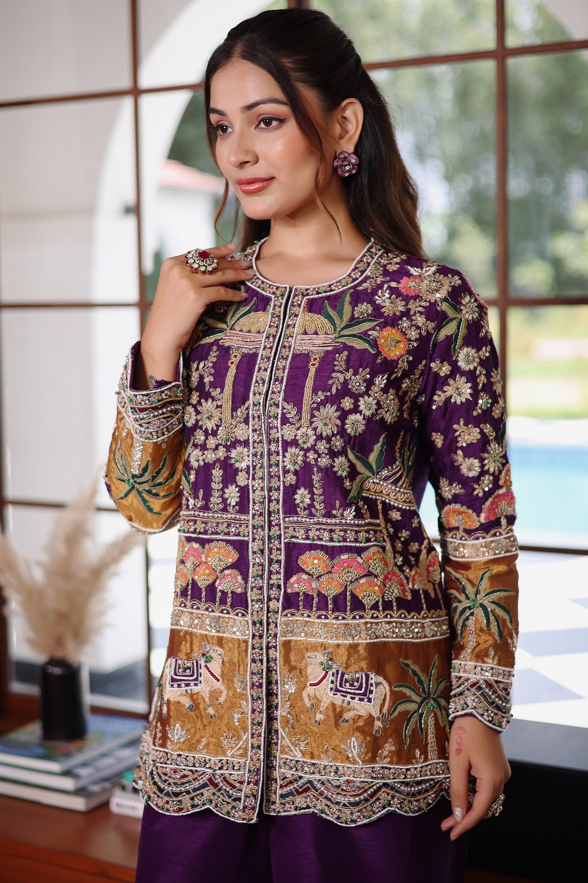 Purple Raw Silk Embellished Handworked Palazzo Set