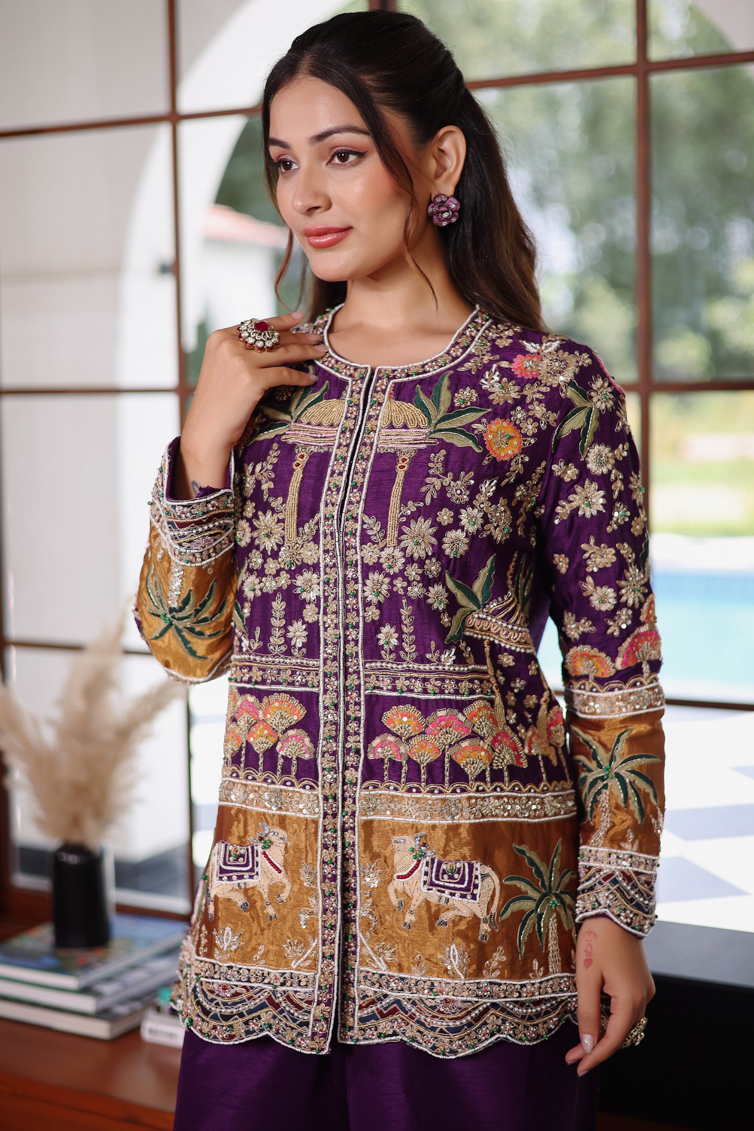 Purple Raw Silk Embellished Handworked Palazzo Set