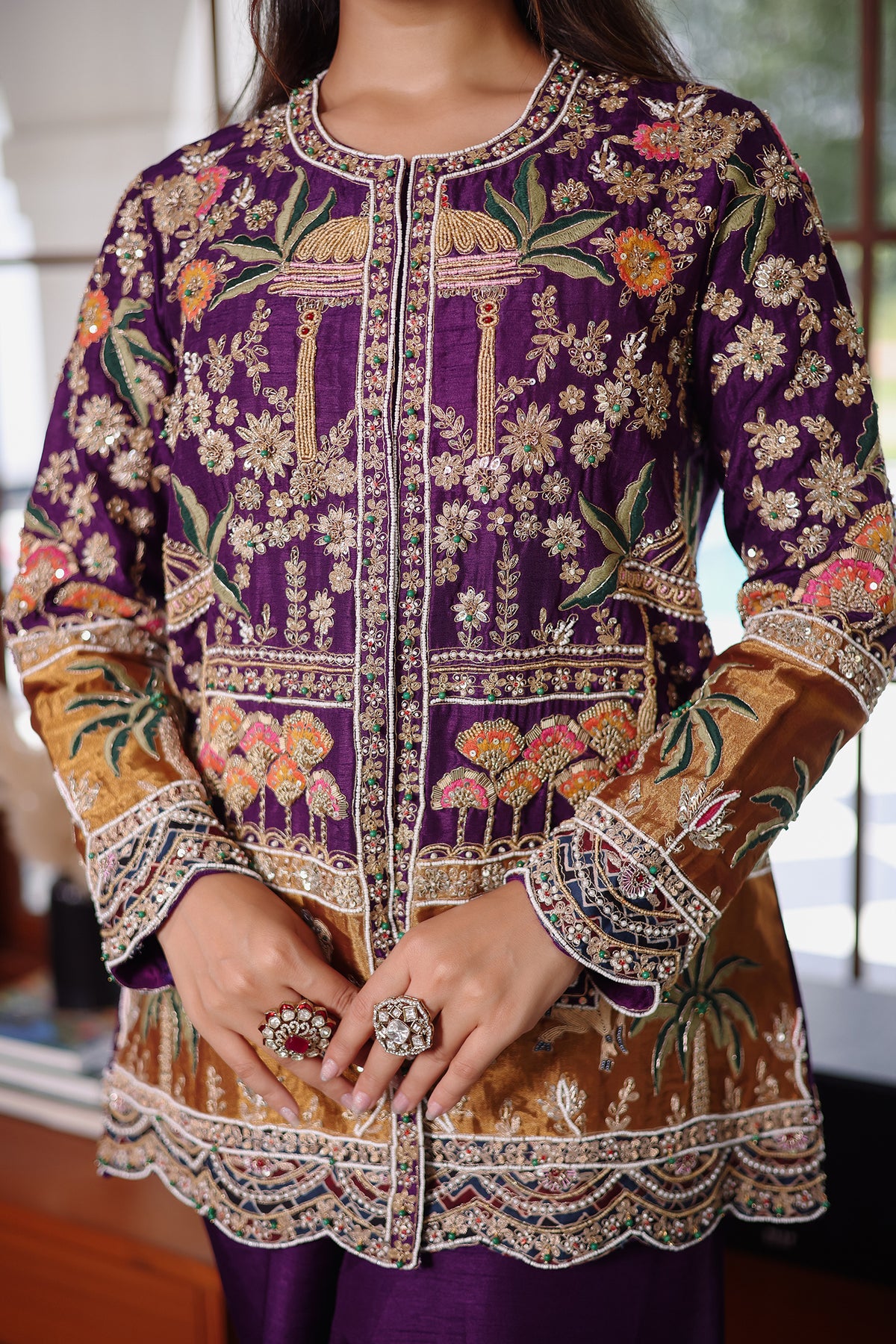 Purple Raw Silk Embellished Handworked Palazzo Set