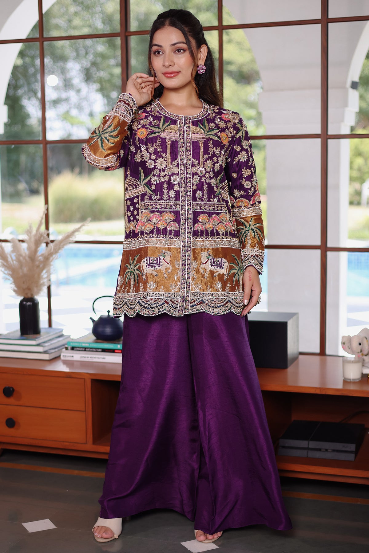 Purple Raw Silk Embellished Handworked Palazzo Set