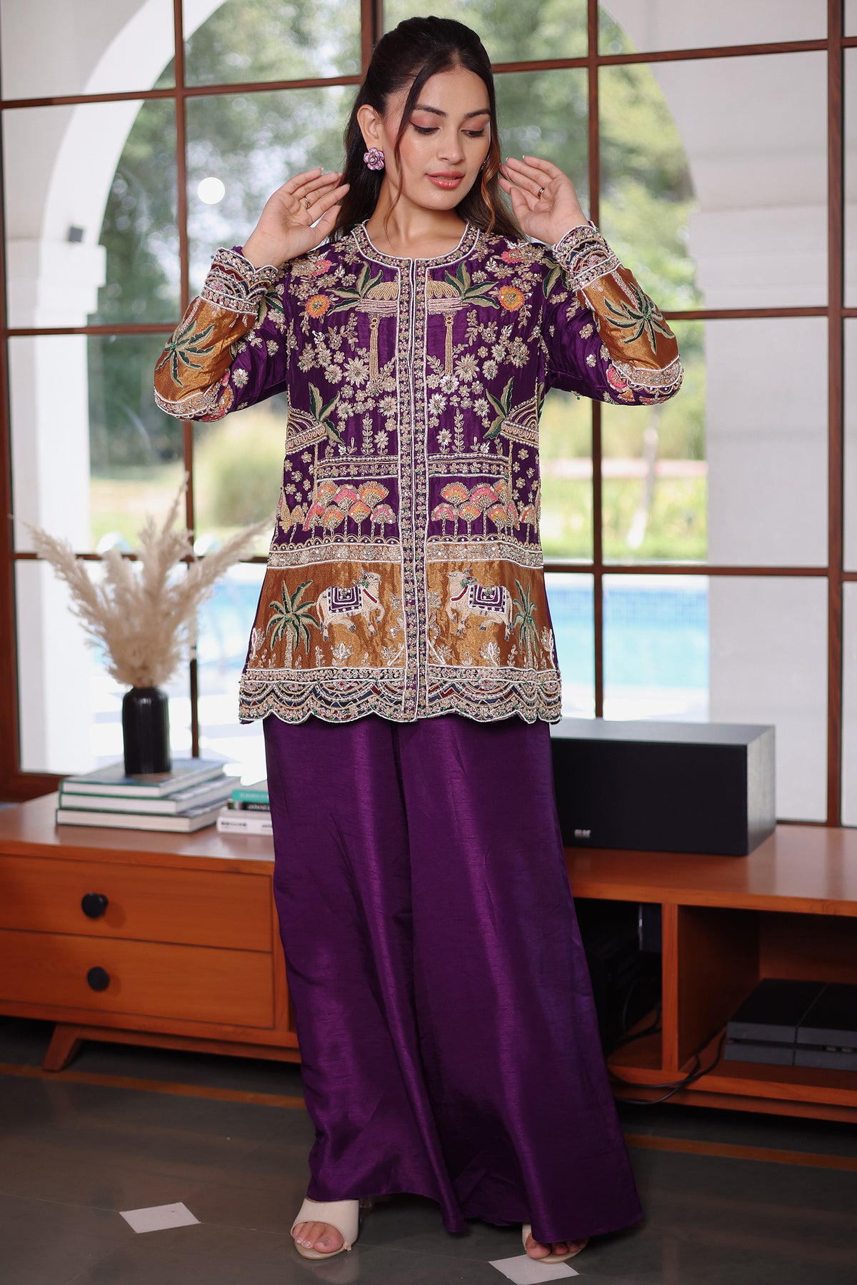 Purple Raw Silk Embellished Handworked Palazzo Set