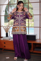 Purple Raw Silk Embellished Handworked Palazzo Set
