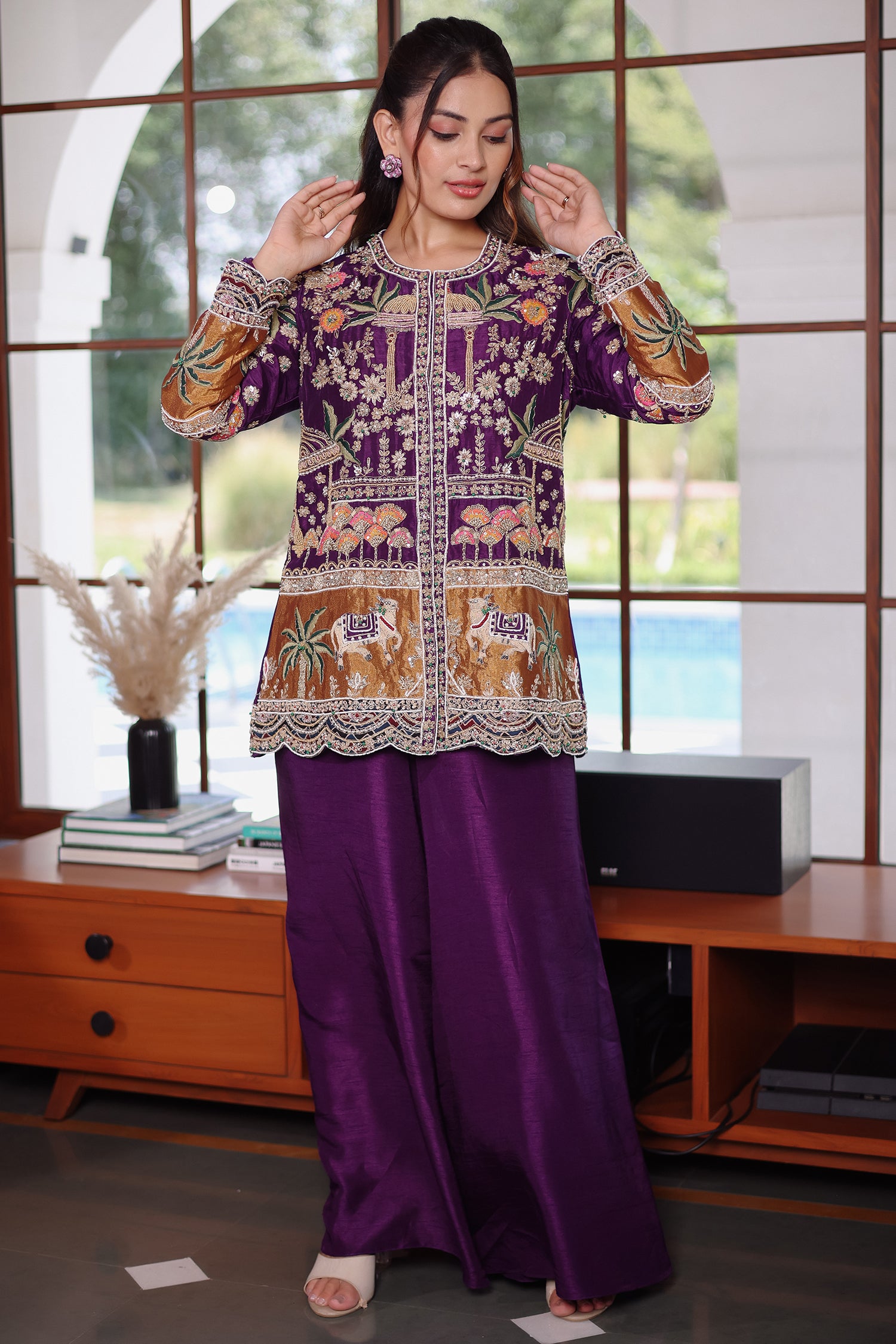 Purple Raw Silk Embellished Handworked Palazzo Set