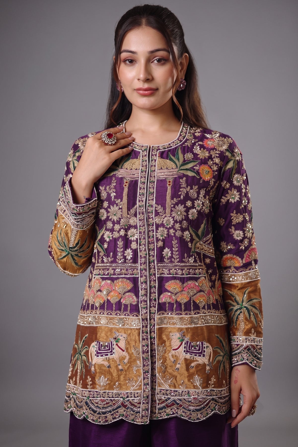 Purple Raw Silk Embellished Handworked Palazzo Set