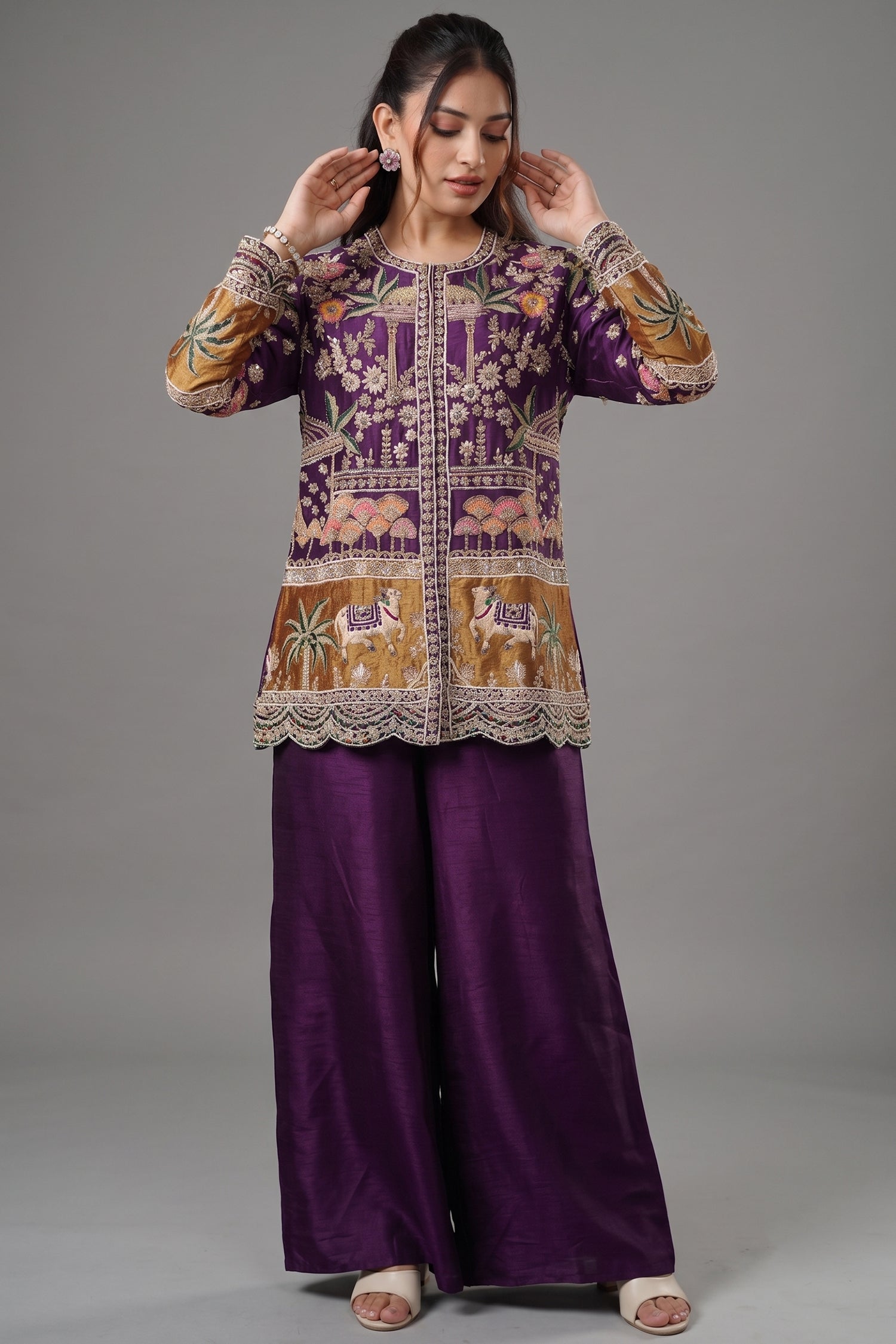 Purple Raw Silk Embellished Handworked Palazzo Set Main image