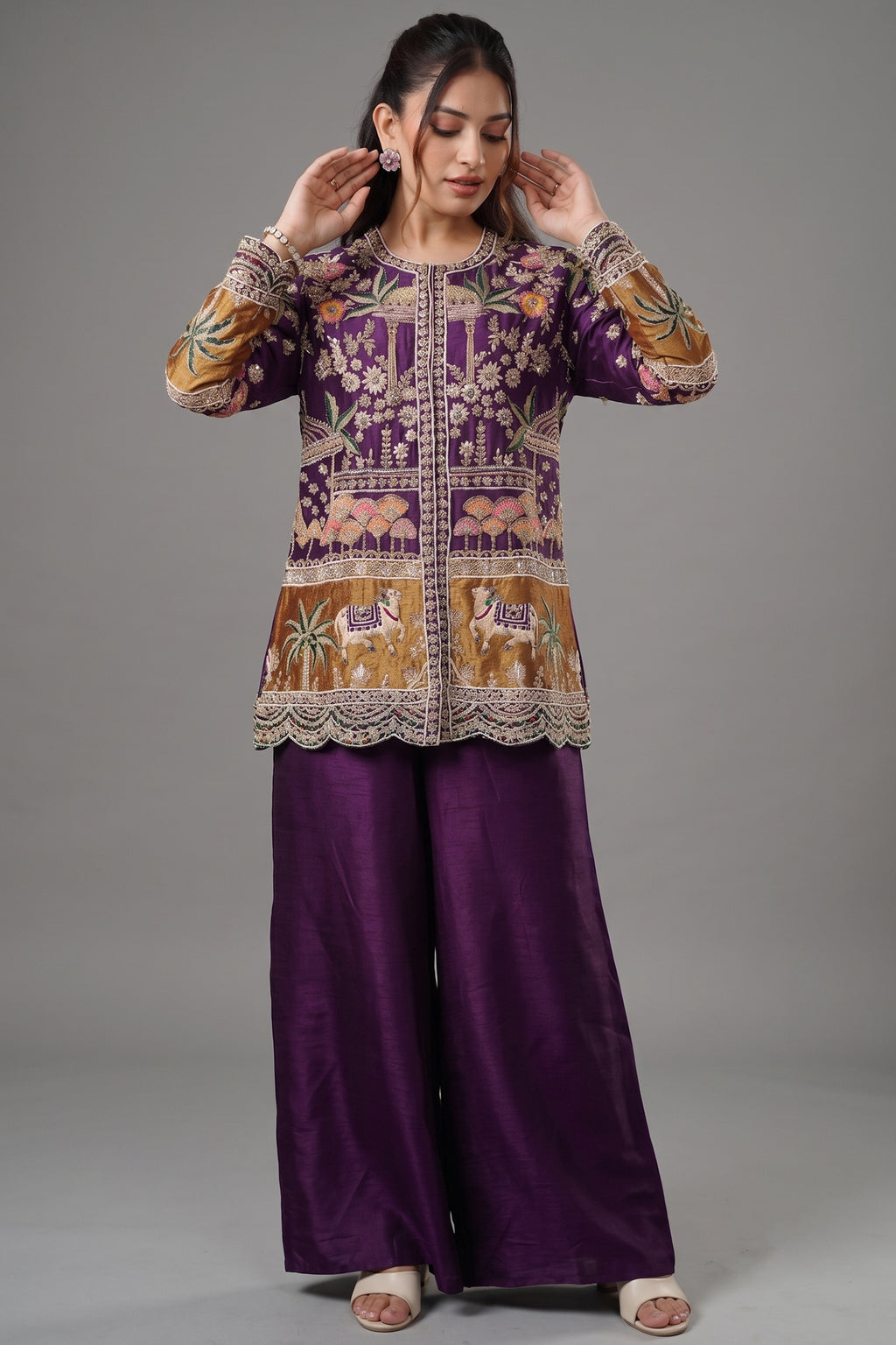 Purple Raw Silk Embellished Handworked Palazzo Set