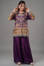 Purple Raw Silk Embellished Handworked Palazzo Set
