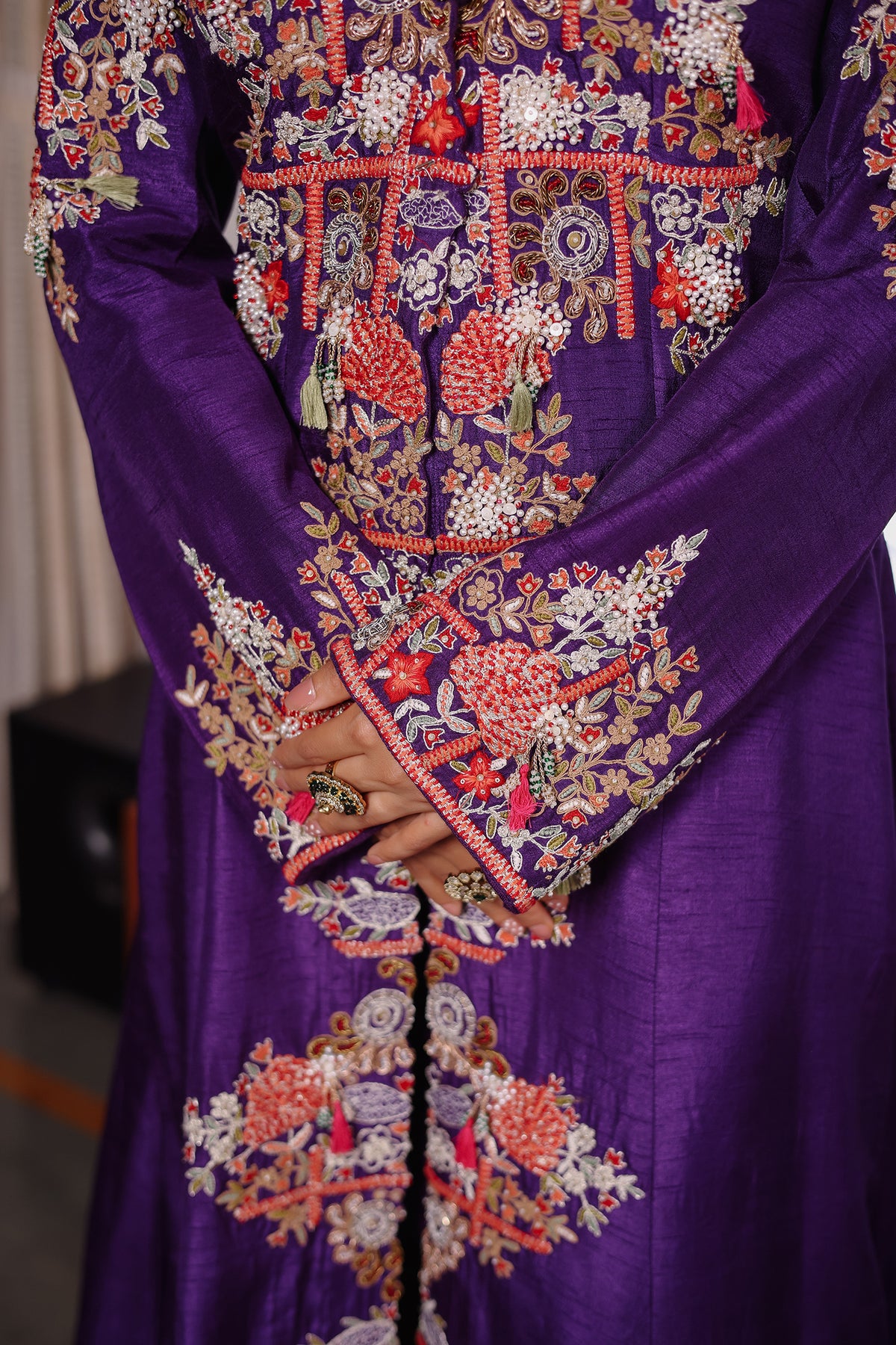 Purple Raw Silk Embellished Handworked Crop Top Jacket Set