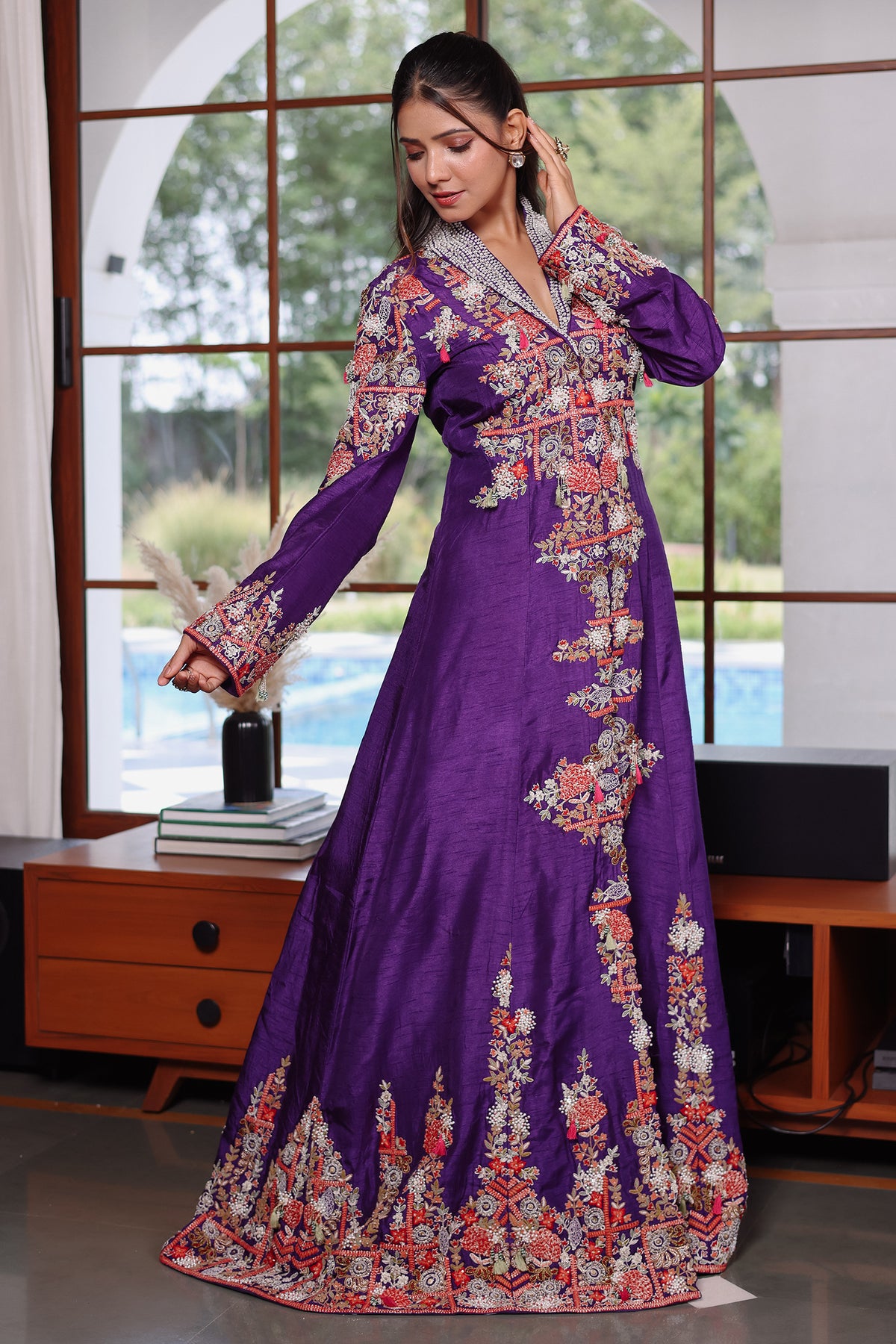 Purple Raw Silk Embellished Handworked Crop Top Jacket Set
