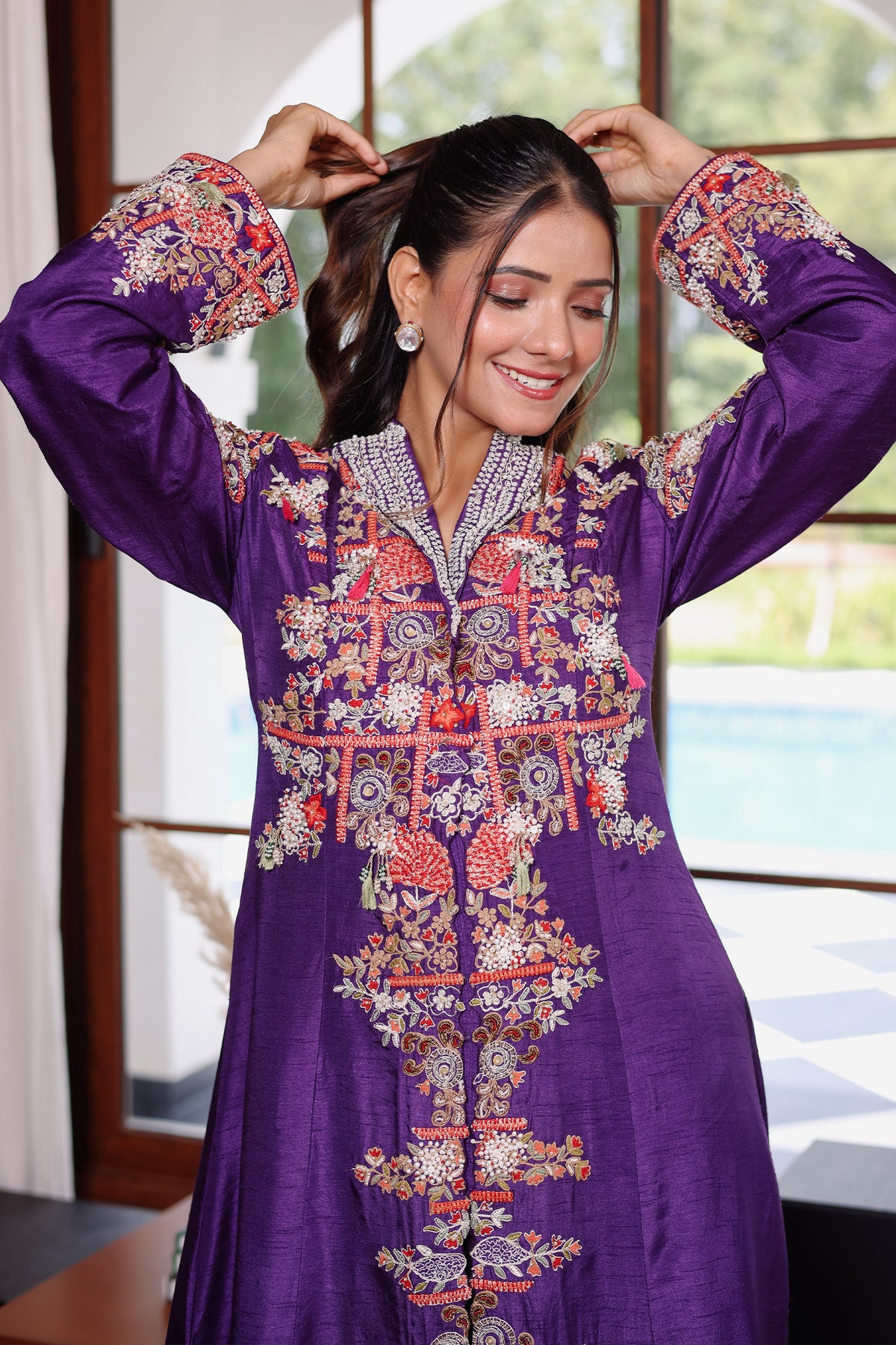 Purple Raw Silk Embellished Handworked Crop Top Jacket Set