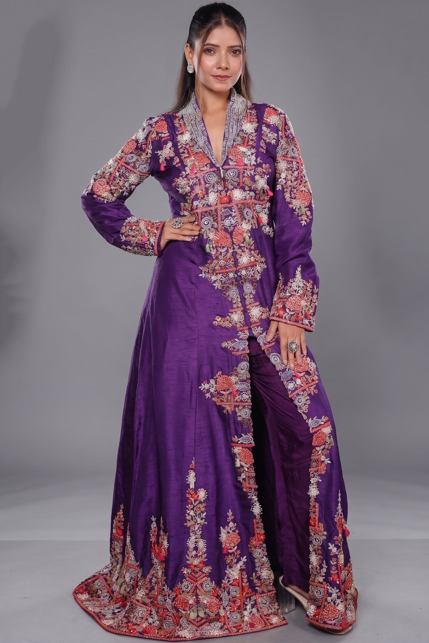 Purple Raw Silk Embellished Handworked Crop Top Jacket Set Main image