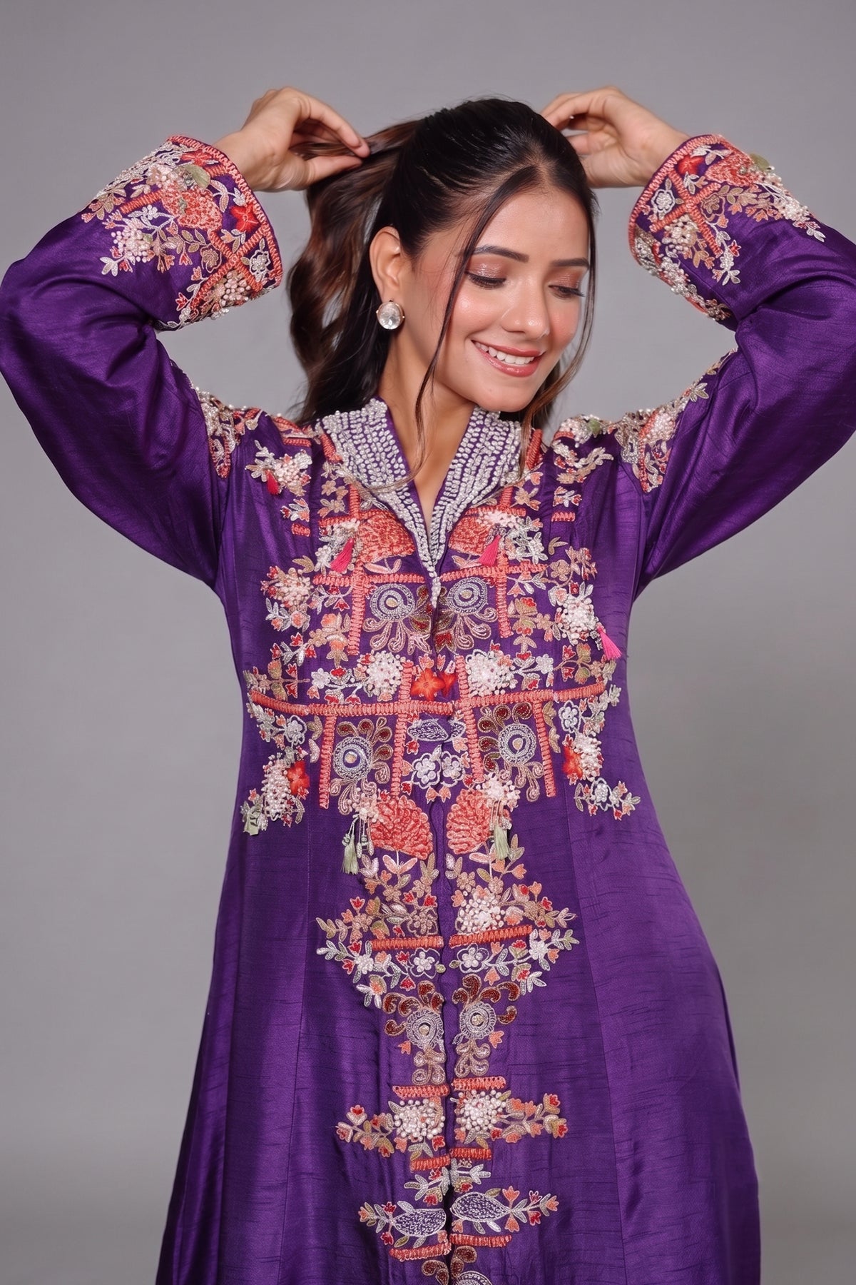 Purple Raw Silk Embellished Handworked Crop Top Jacket Set
