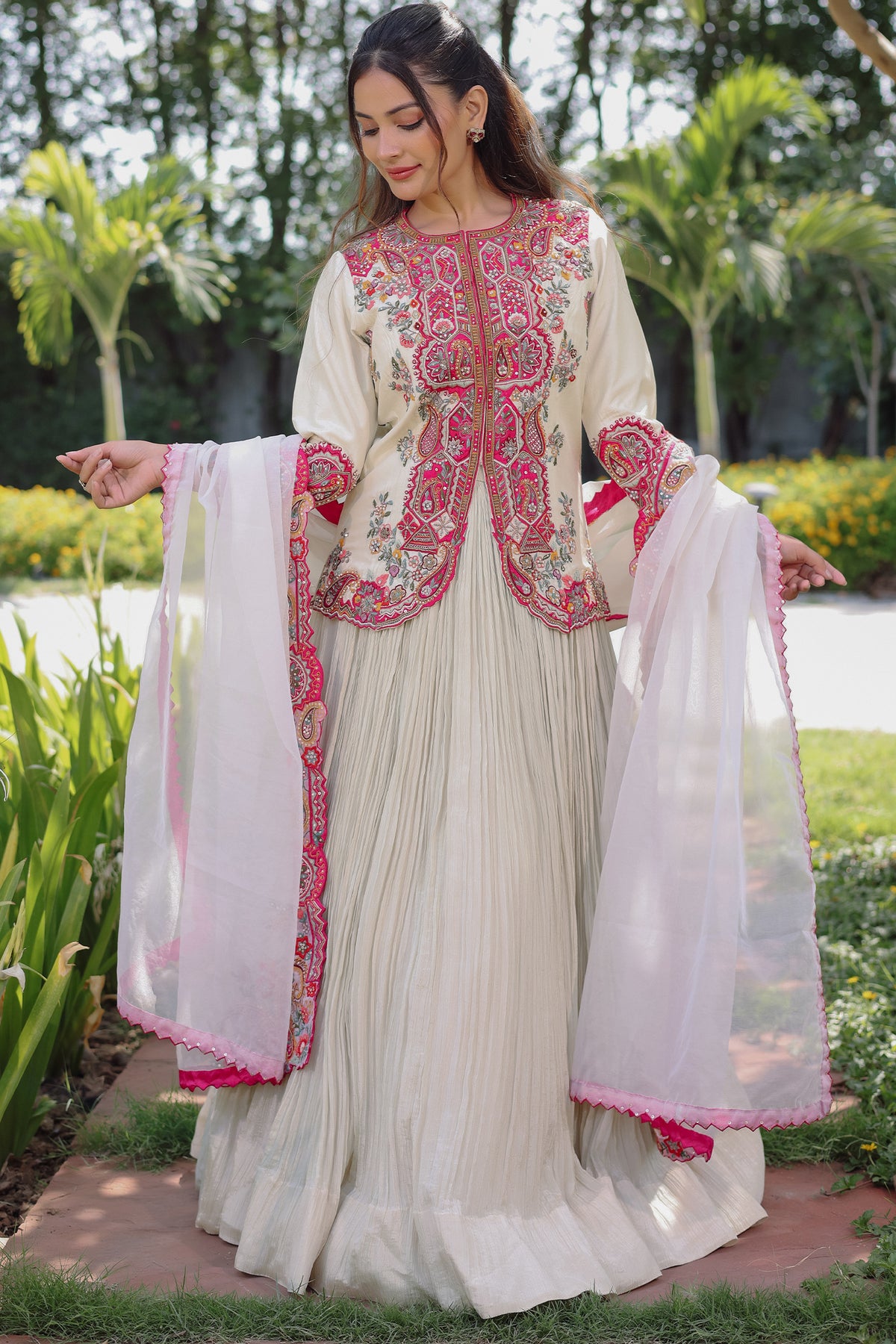 Ivory White Silk Embellished Handworked Lehenga Suit