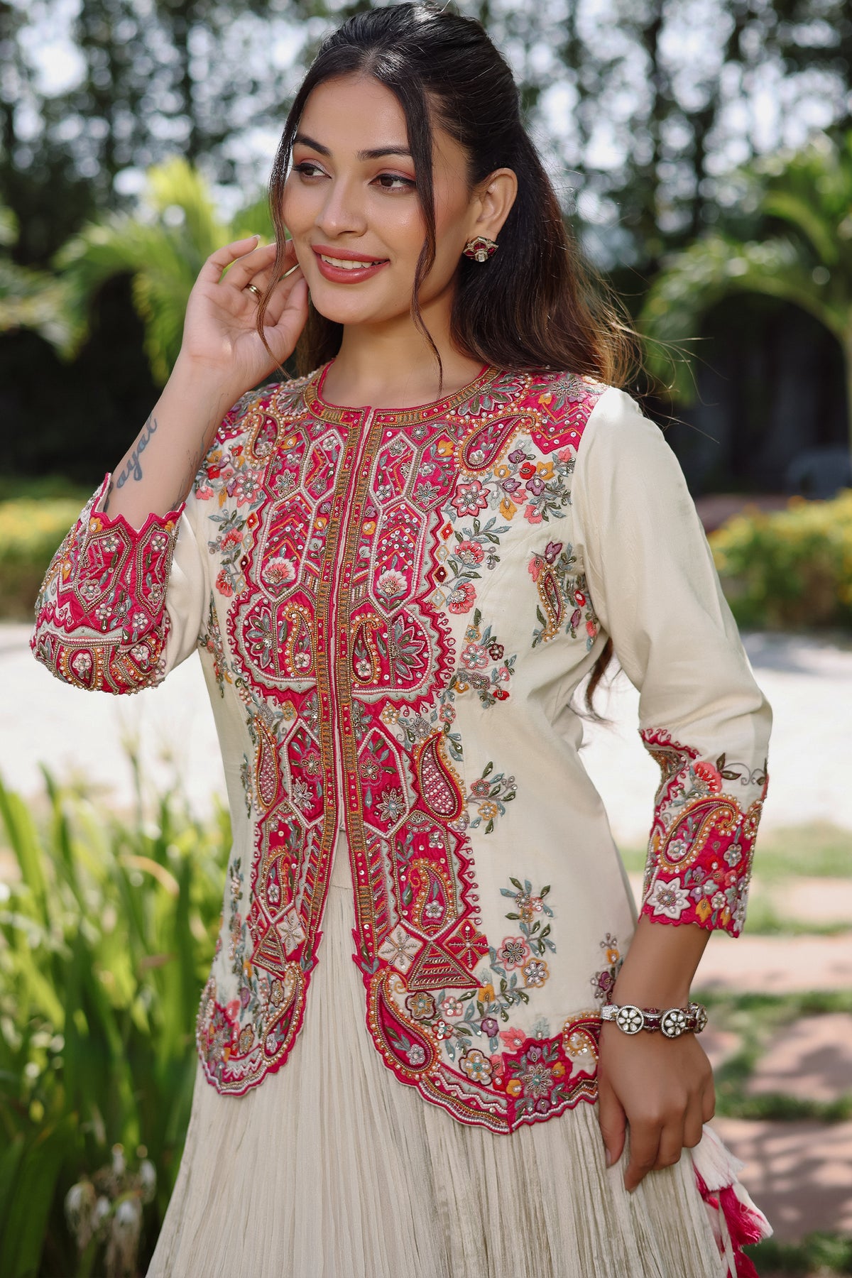 Ivory White Silk Embellished Handworked Lehenga Suit