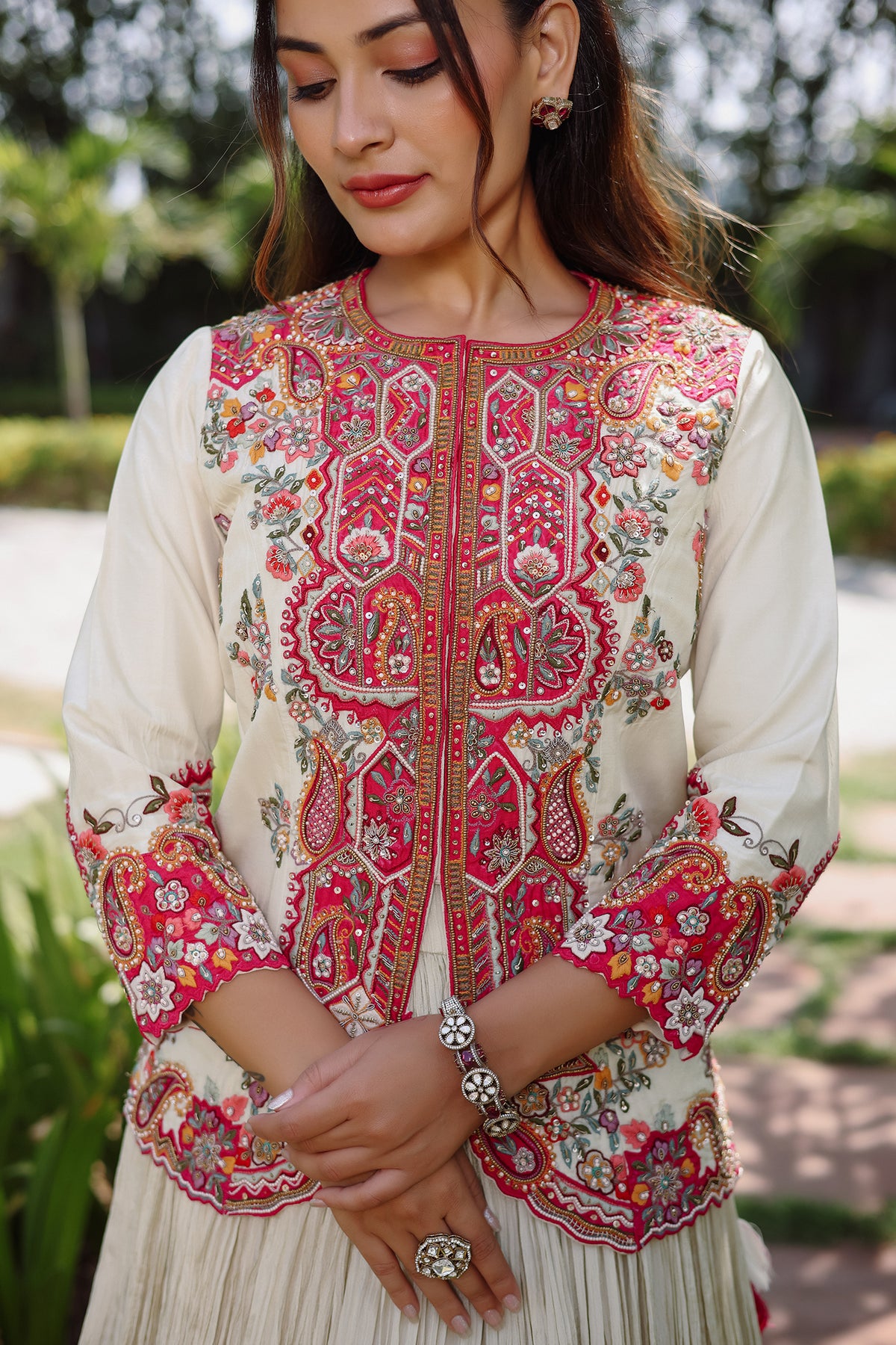 Ivory White Silk Embellished Handworked Lehenga Suit