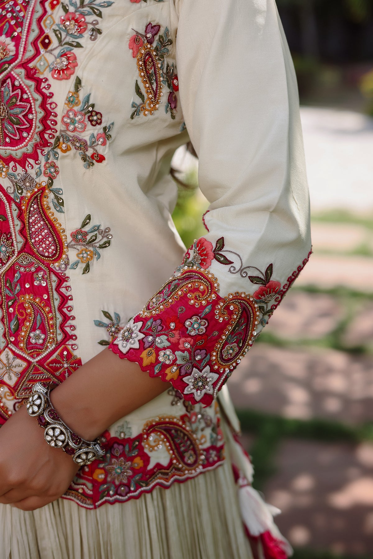 Ivory White Silk Embellished Handworked Lehenga Suit