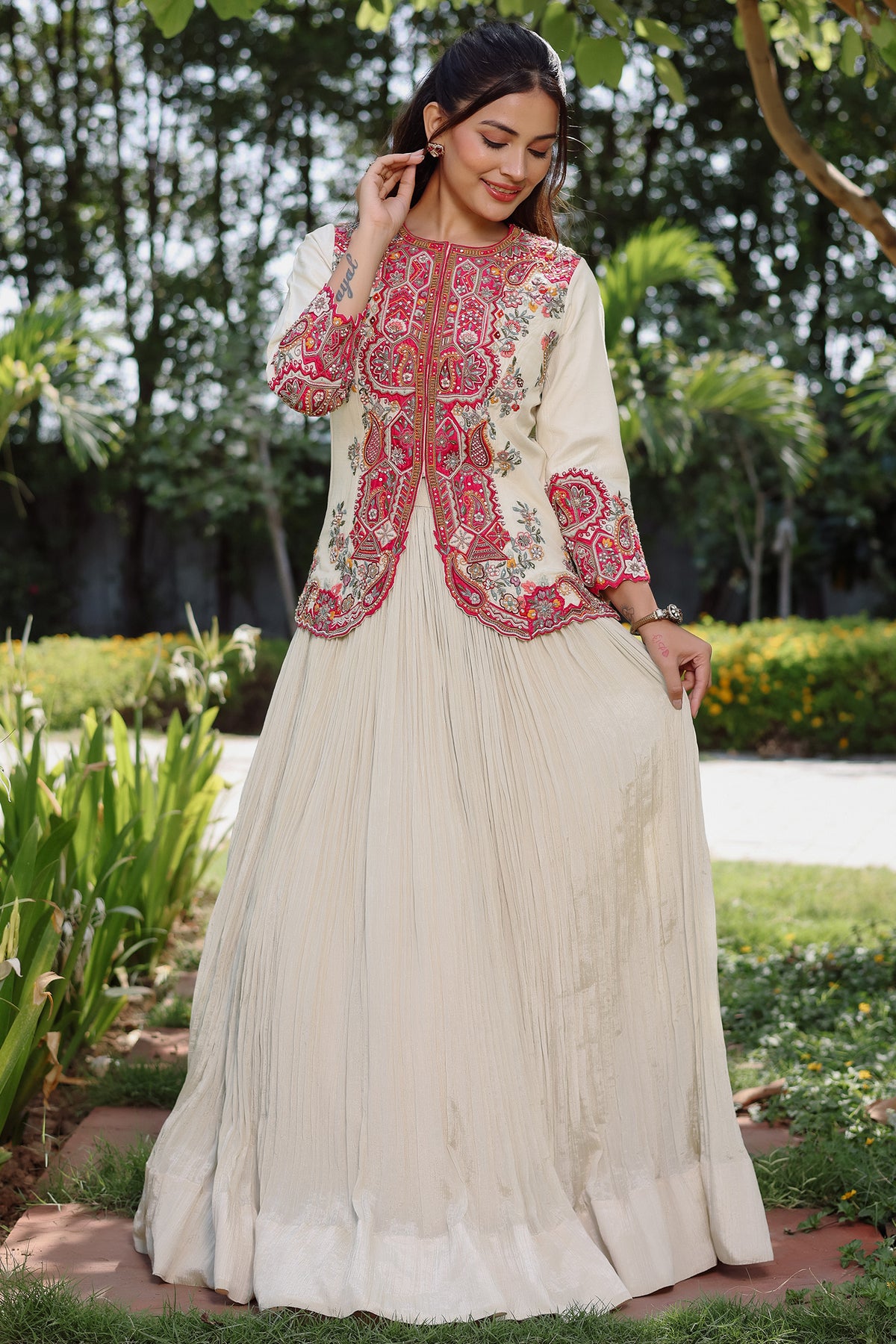 Ivory White Silk Embellished Handworked Lehenga Suit