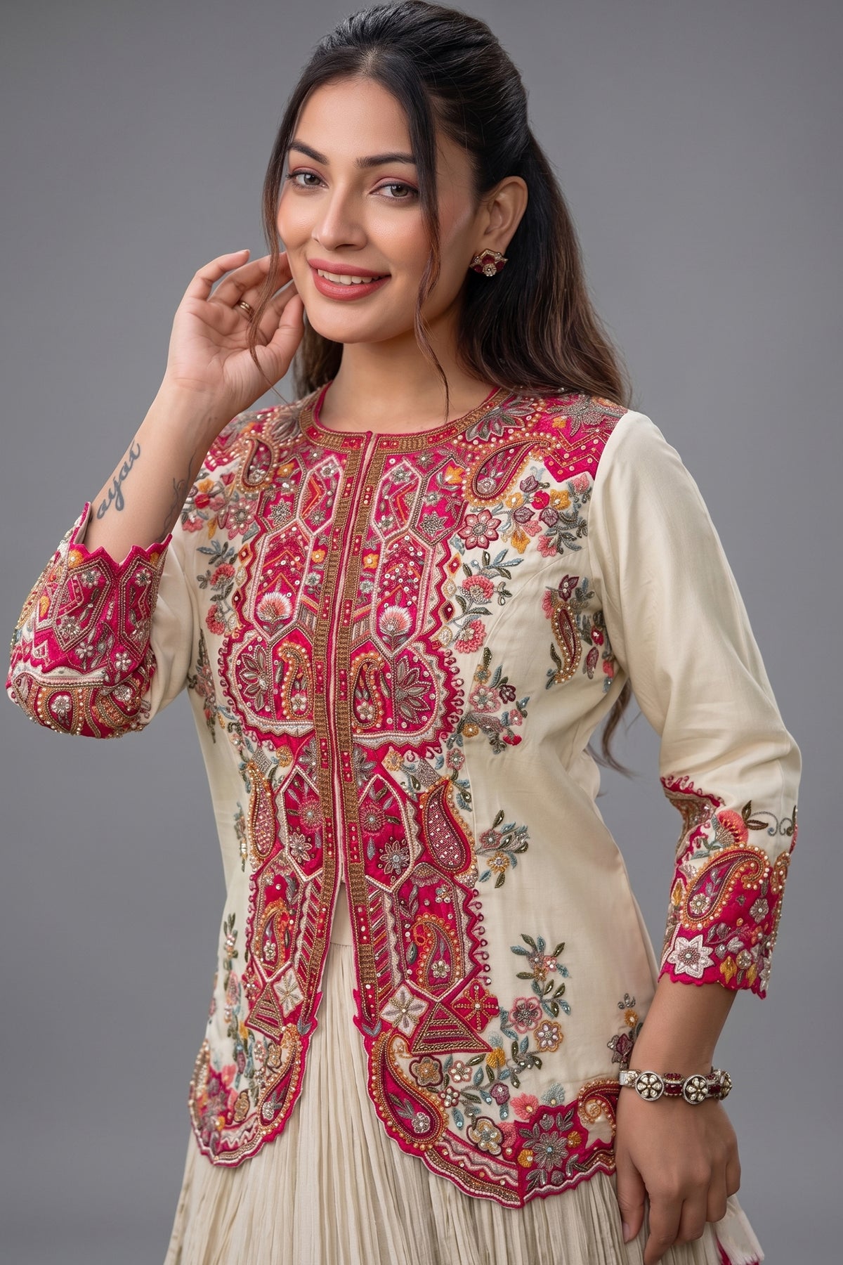 Ivory White Silk Embellished Handworked Lehenga Suit