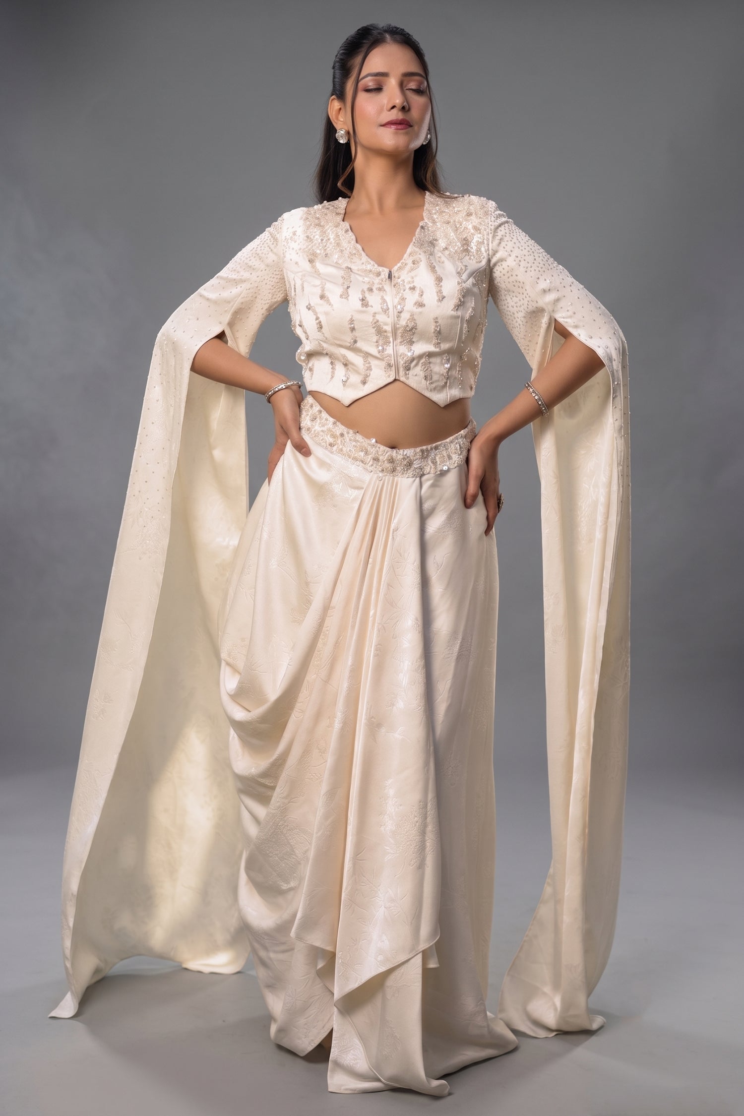 Ivory White Imported Jacquard Sequin and Beaded Draped Skirt Set Main image