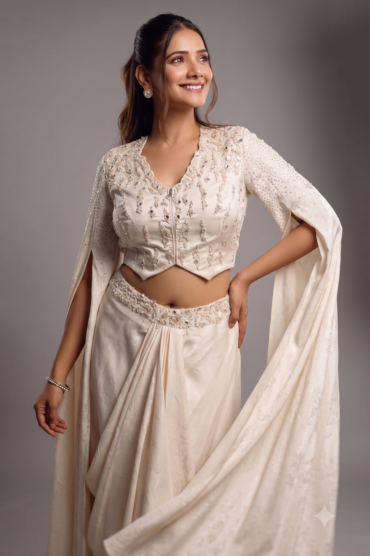 Ivory White Imported Jacquard Sequin and Beaded Draped Skirt Set