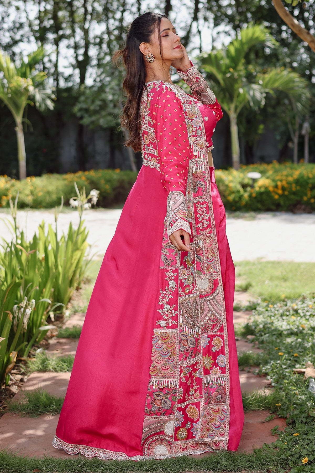 Rani Pink Silk Crop Top Draped Skirt Set with Embellished Handwork Long Shrug
