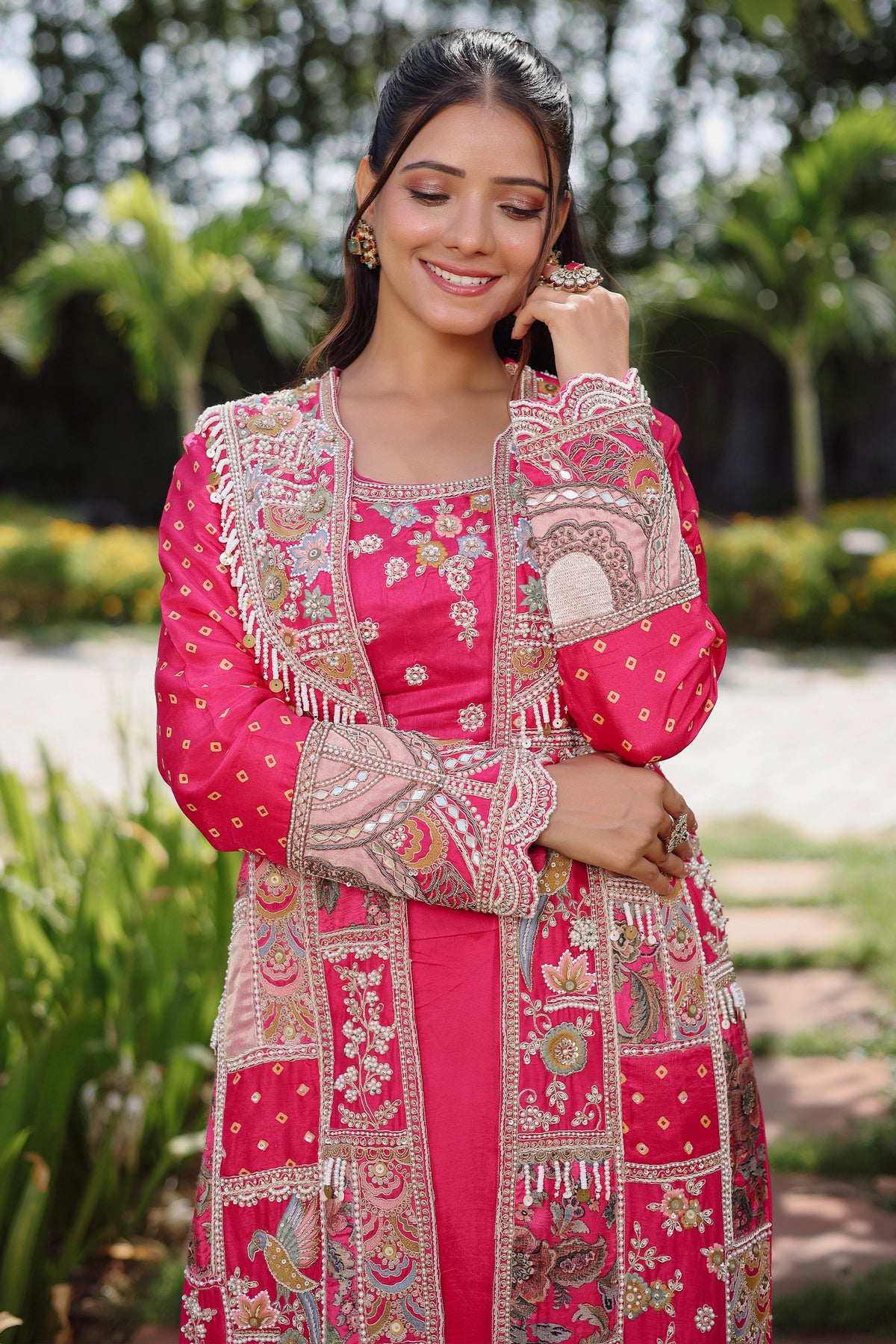 Rani Pink Silk Crop Top Draped Skirt Set with Embellished Handwork Long Shrug